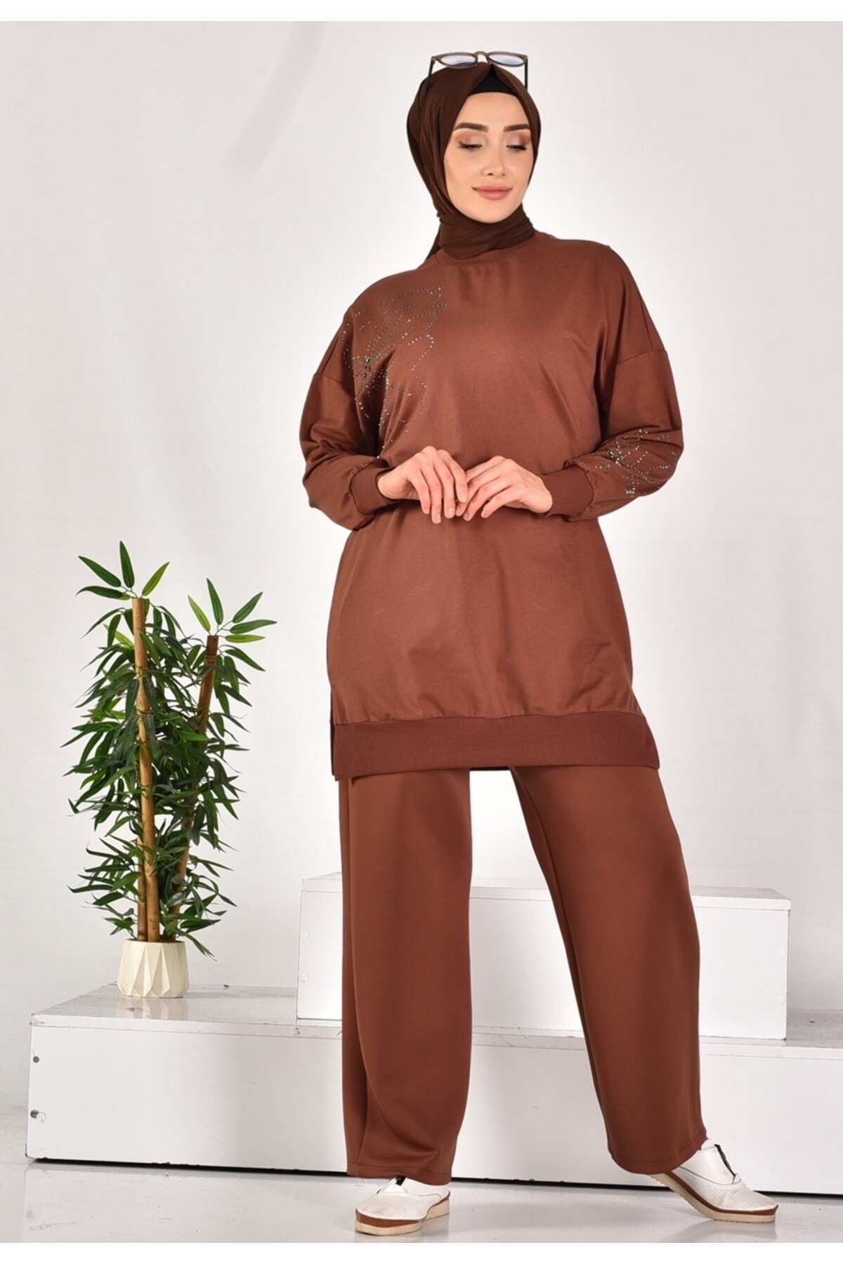 Stone Patterned Double-Knit Sweatshirt Tunic - Brown - Puane