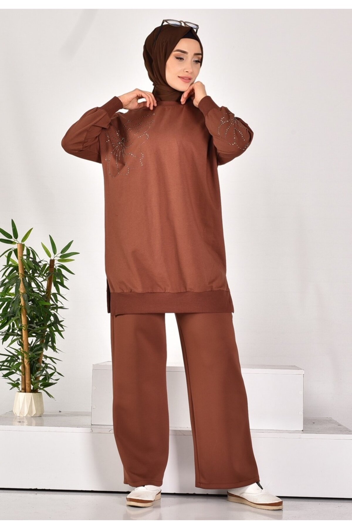 Stone Patterned Double-Knit Sweatshirt Tunic - Brown - Puane