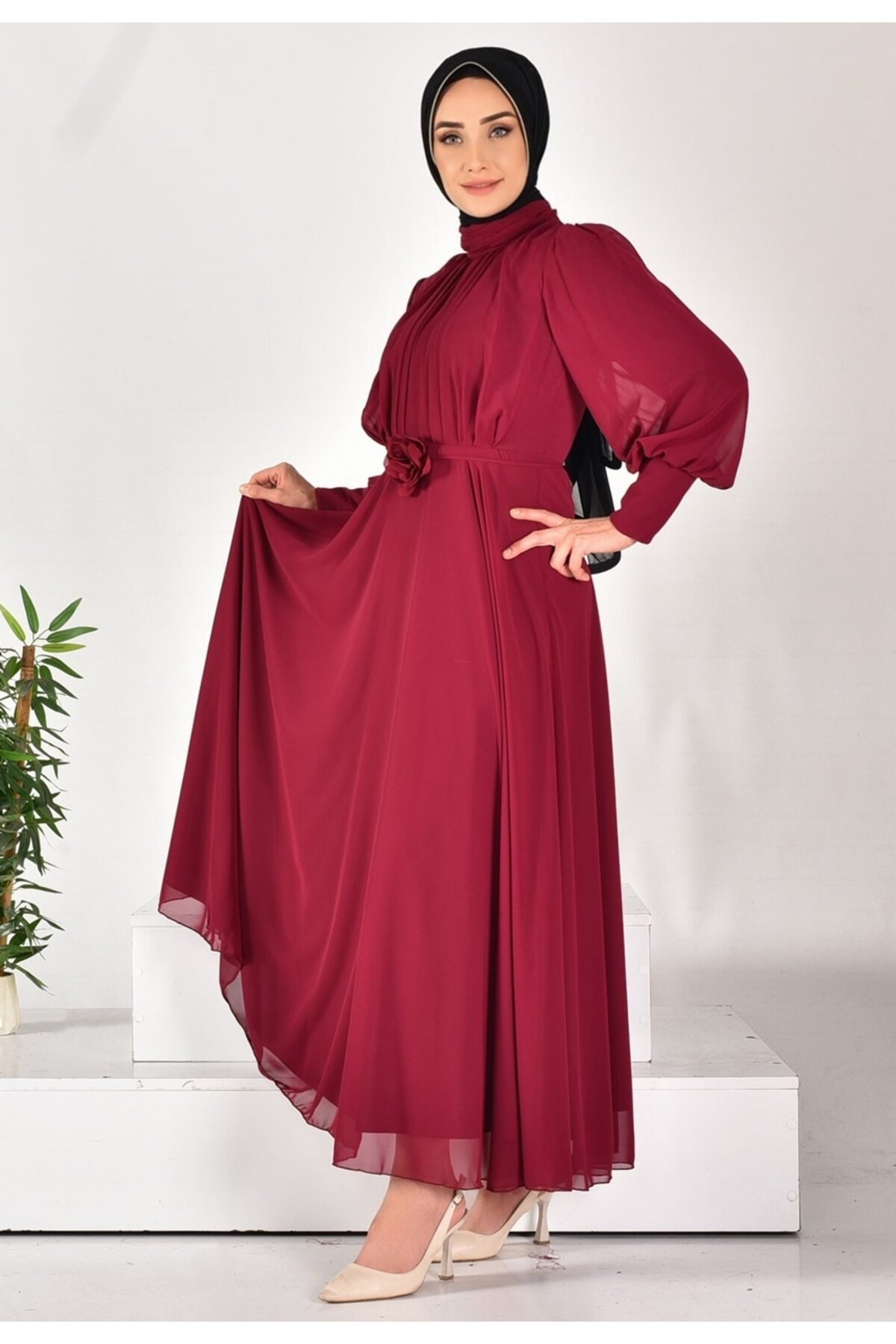 Pleated Chiffon Modest Evening Dress - Purple - Puane