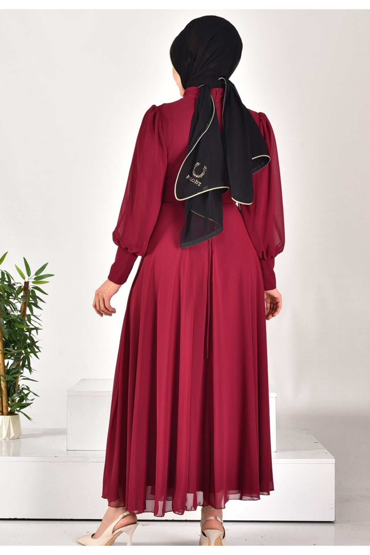 Pleated Chiffon Modest Evening Dress - Purple - Puane