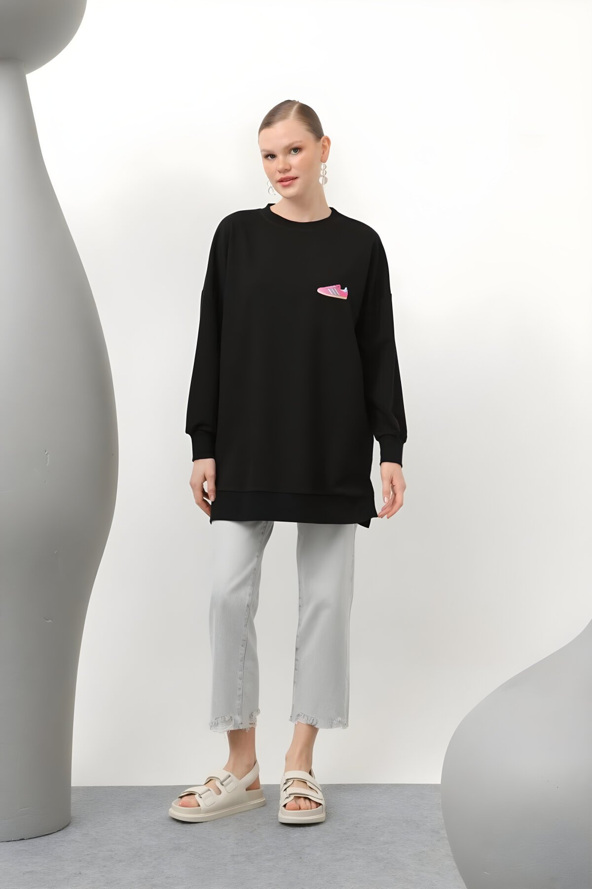 Siyah Ayakkabı Baskılı İki İplikli Tesettür Tunik - Puane