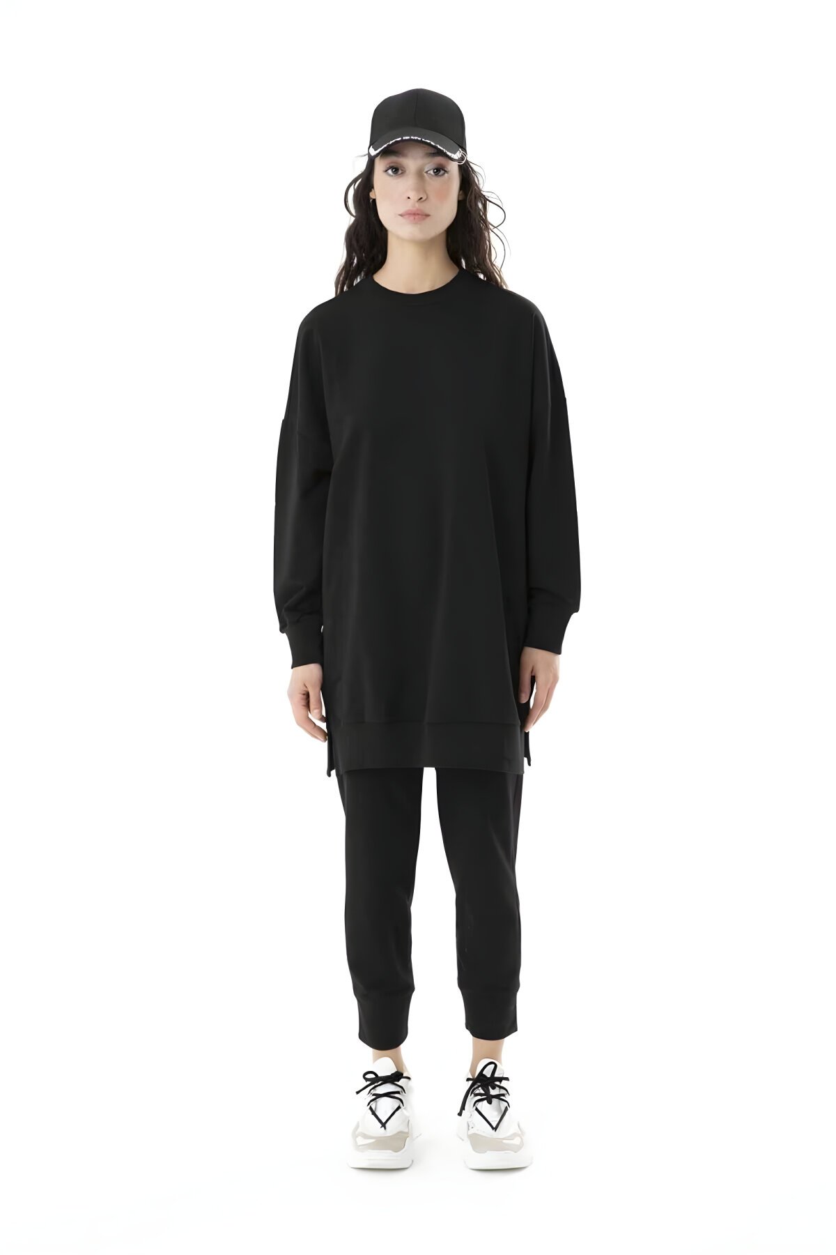 Siyah Basic 2ip Kumaş Tesettür Tunik - Puane