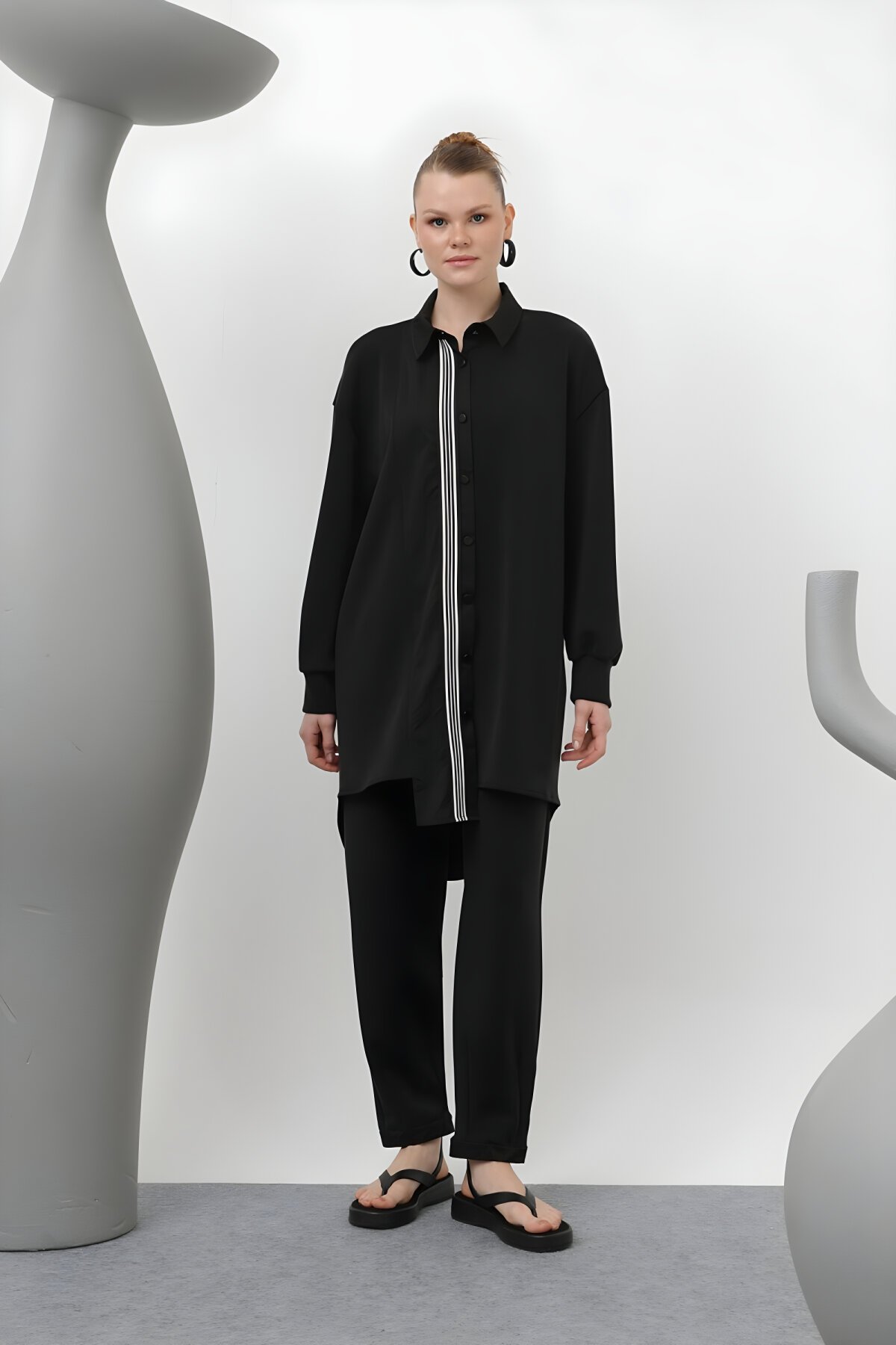 Two-Piece Modal Modest Set with Parachute Trim - Black - Puane