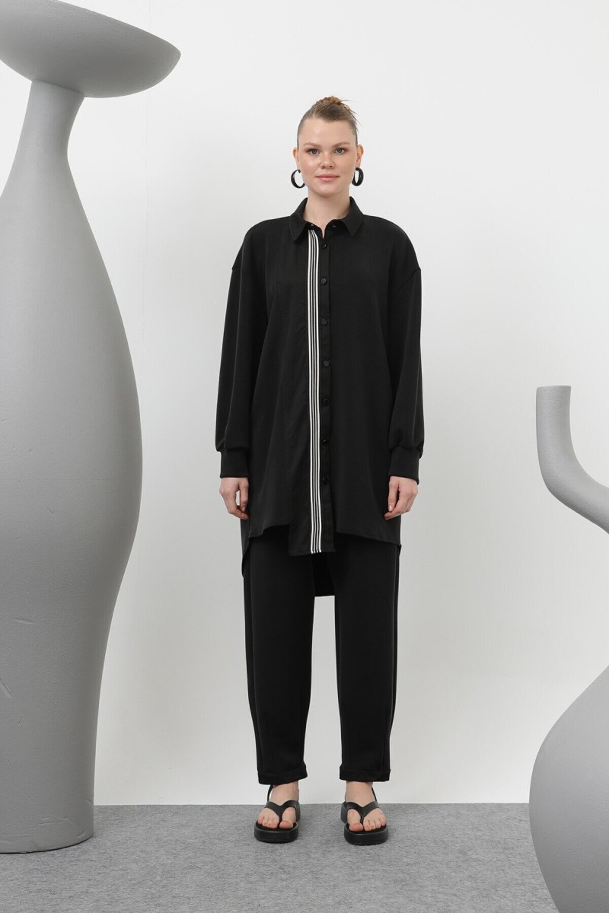Two-Piece Modal Modest Set with Parachute Trim - Black - Puane
