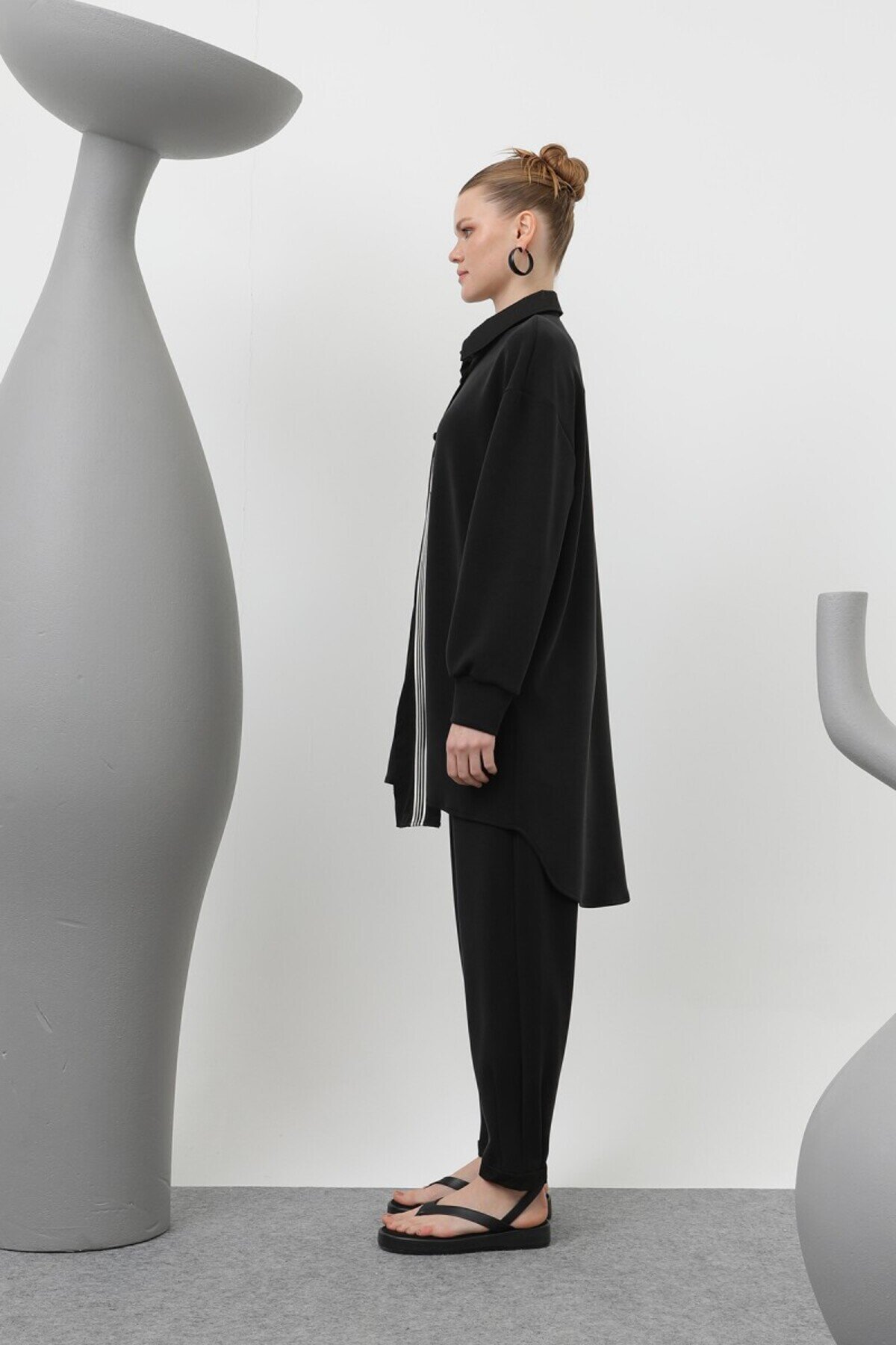 Two-Piece Modal Modest Set with Parachute Trim - Black - Puane