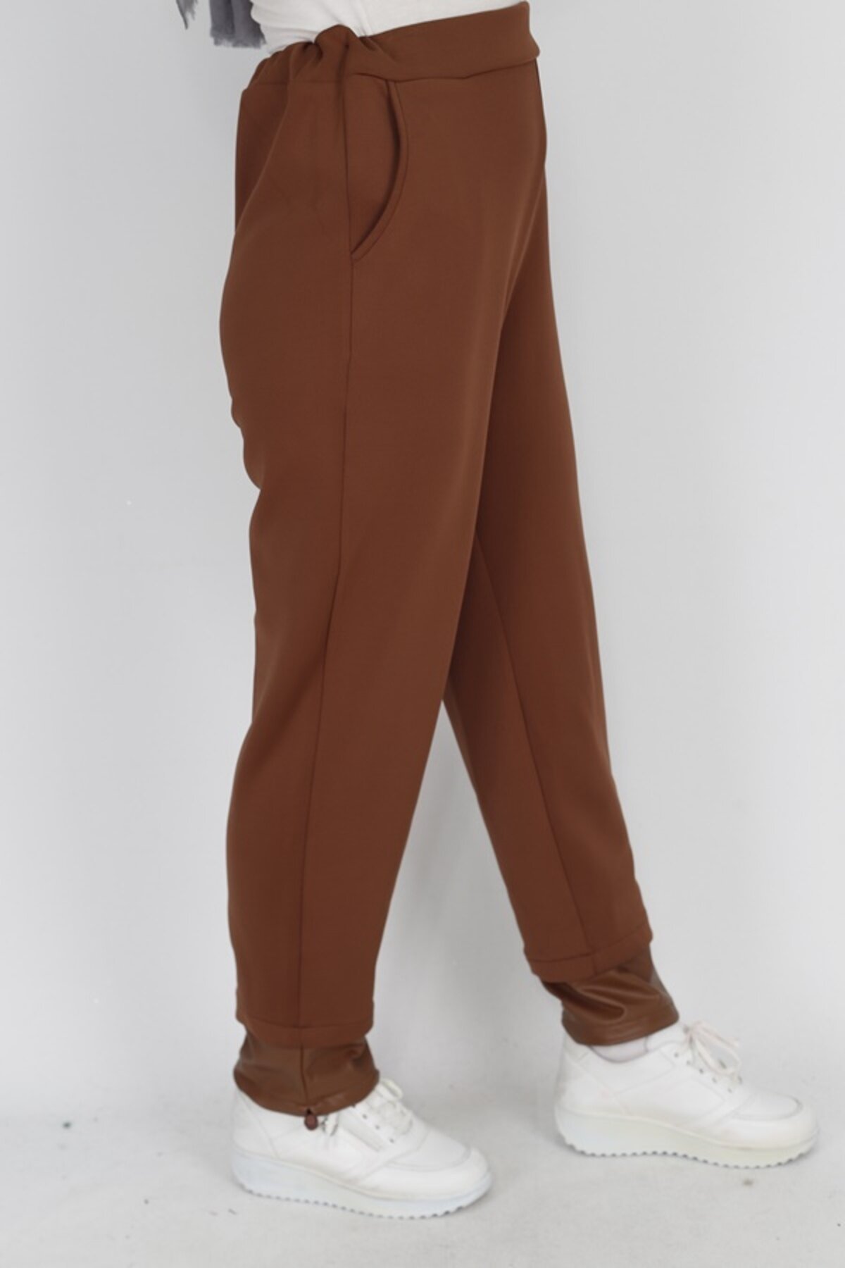 Scuba Fabric Leather-Detailed Hem Modest Pants - Taba - Puane