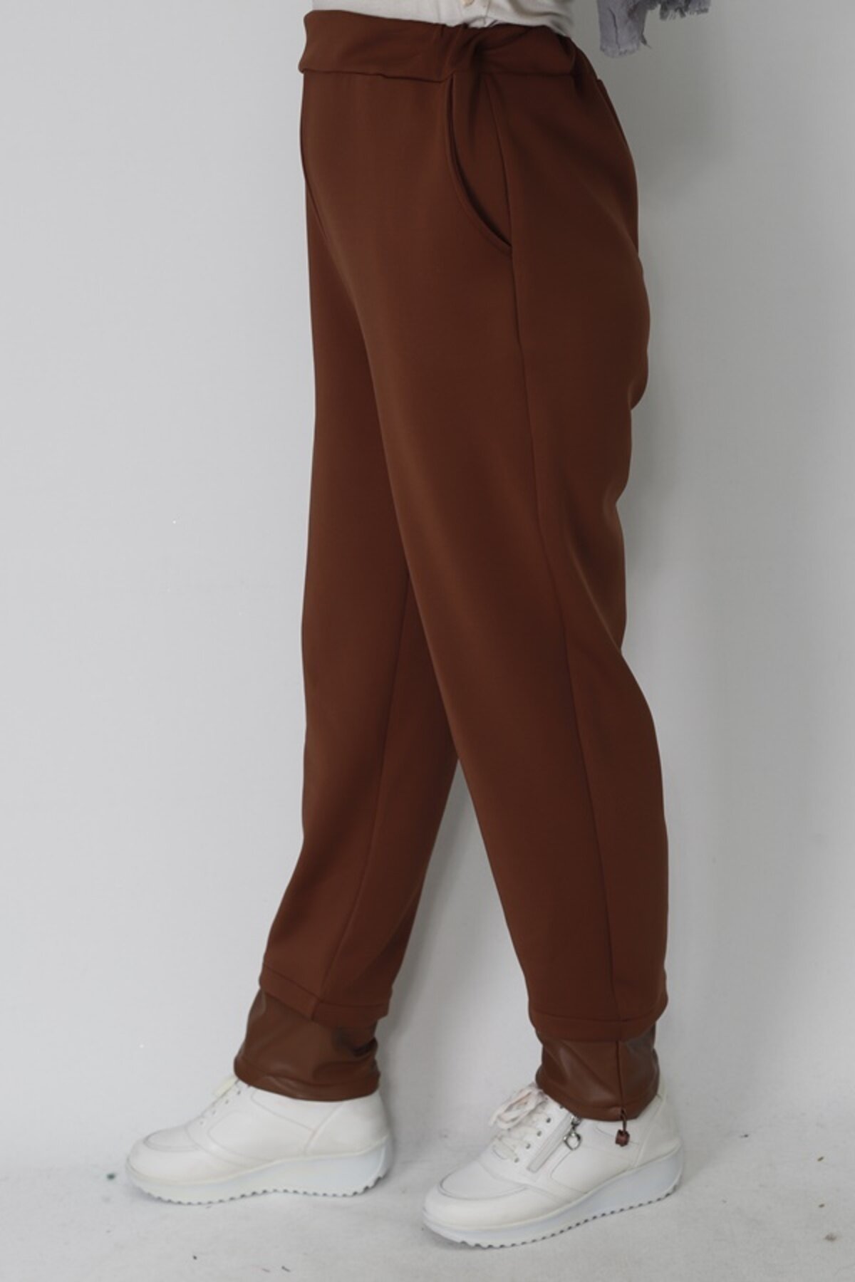 Scuba Fabric Leather-Detailed Hem Modest Pants - Taba - Puane