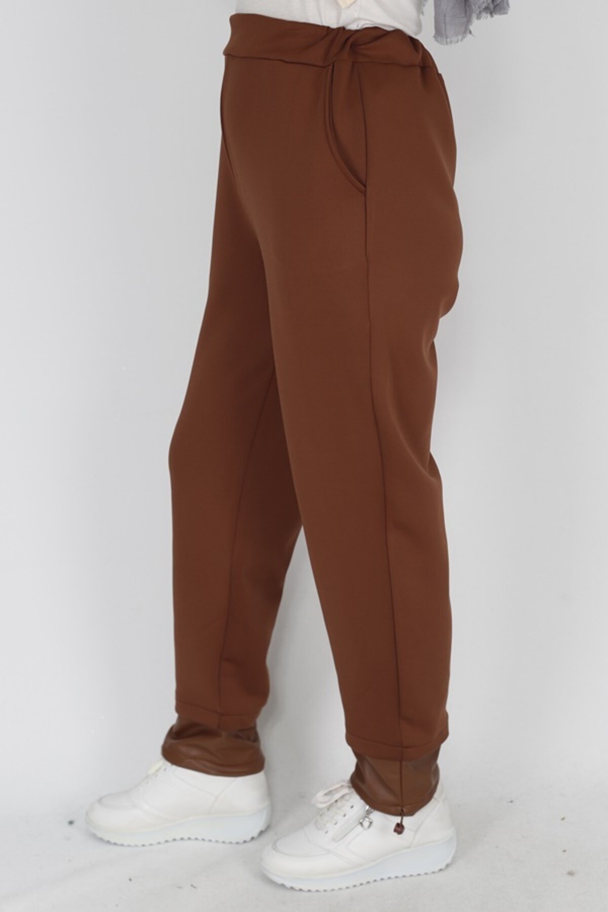 Scuba Fabric Leather-Detailed Hem Modest Pants - Taba - Puane