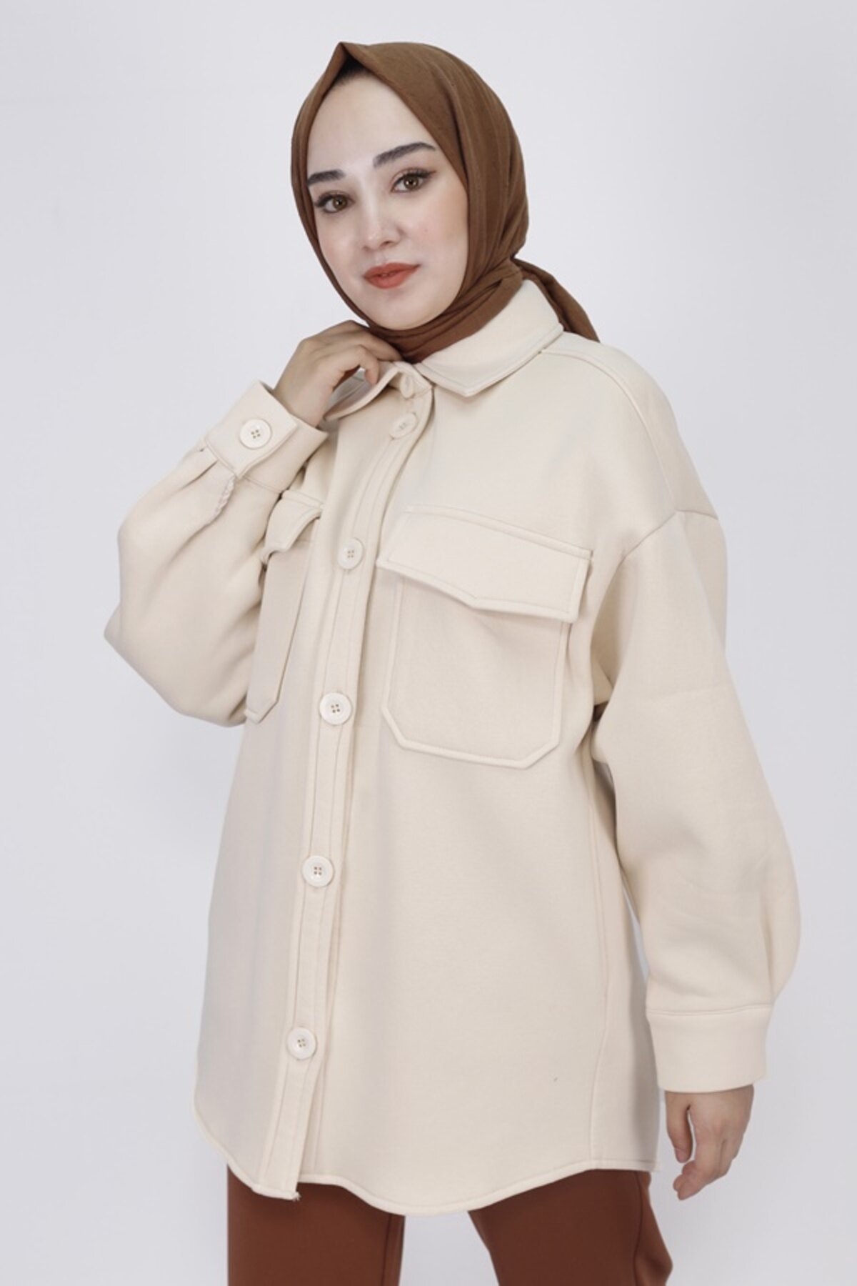Double-Knit Cotton Pocketed Modest Jacket - Stone - Puane