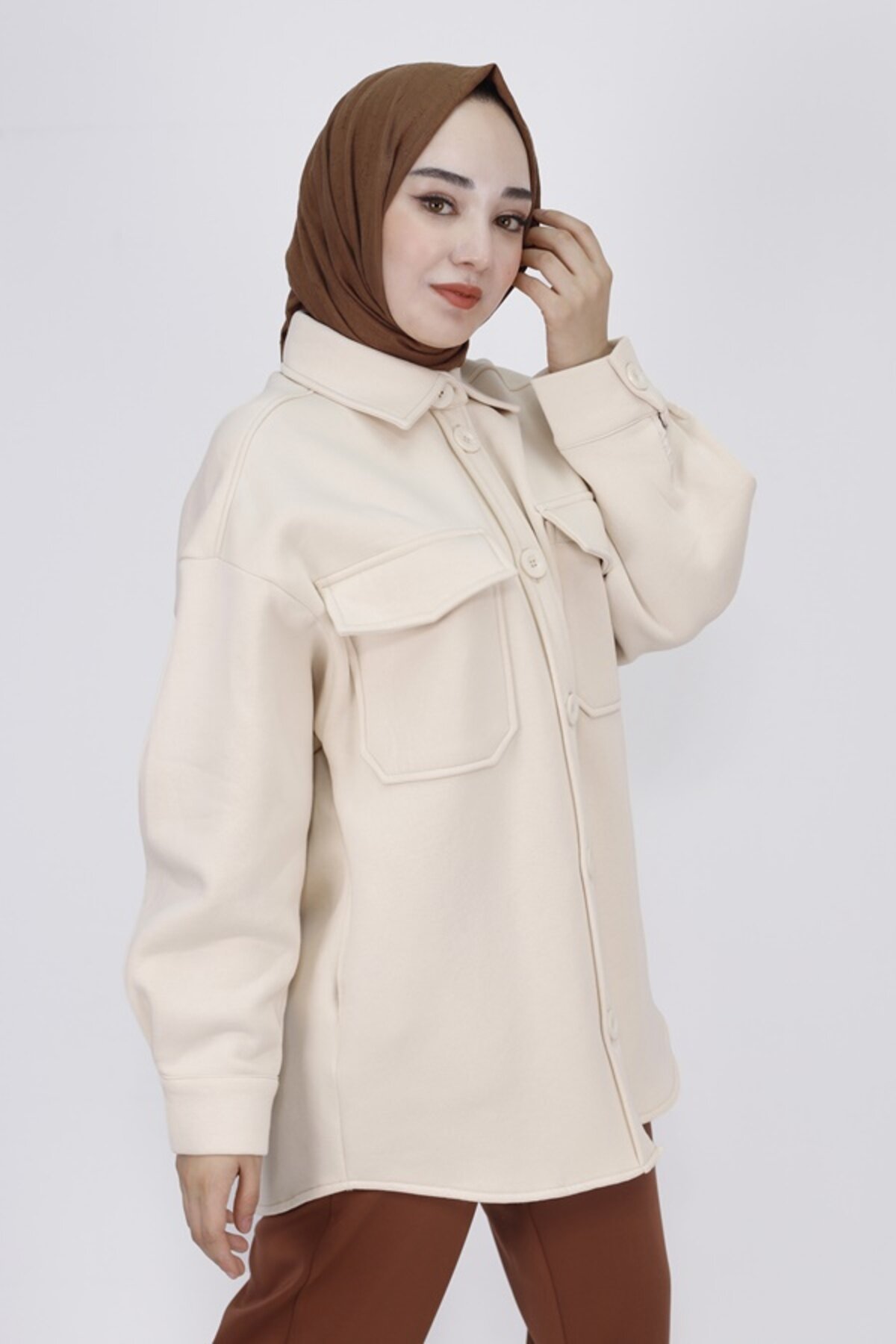 Double-Knit Cotton Pocketed Modest Jacket - Stone - Puane