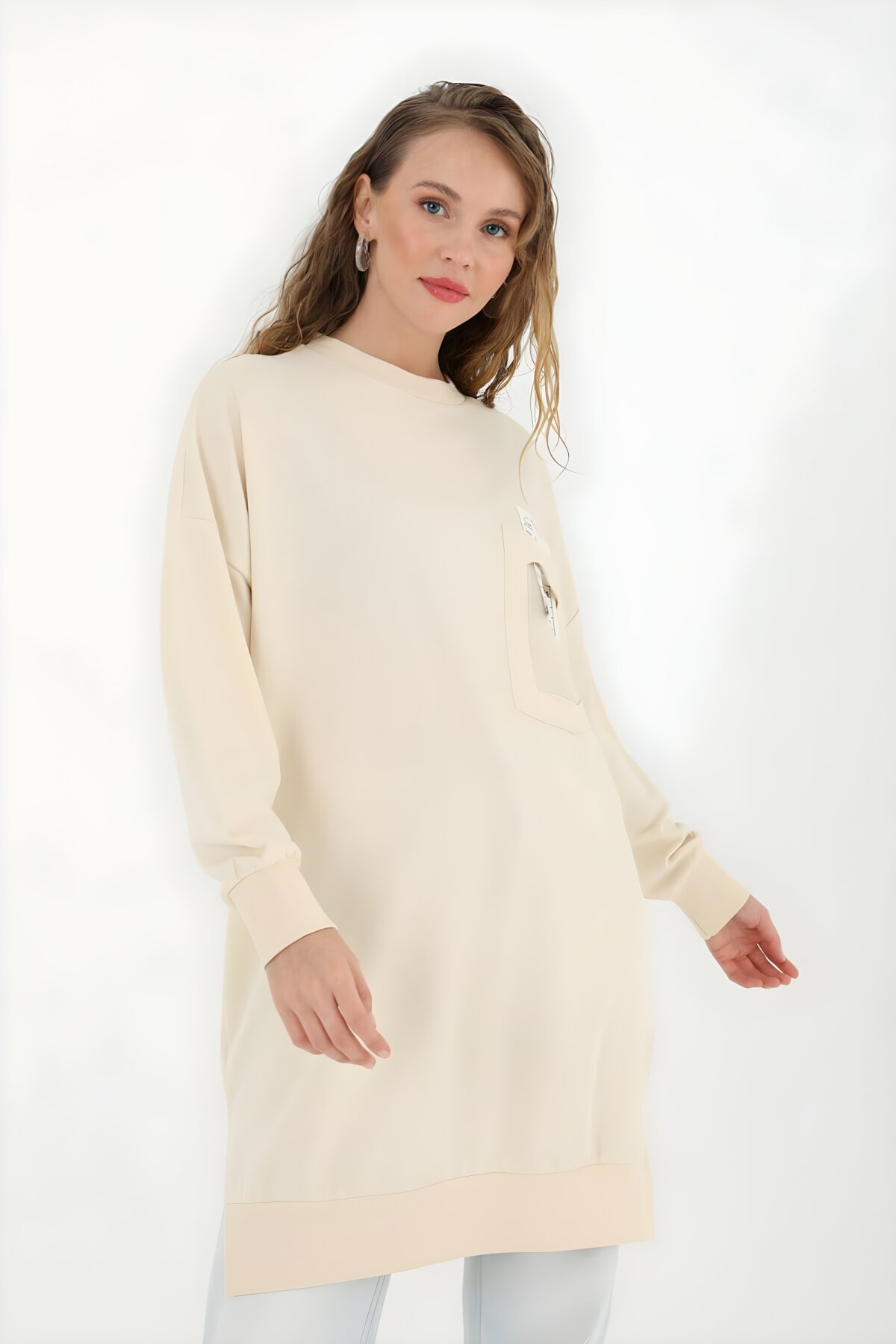 Taş İki İplik Kumaş Cep Yazı Detaylı Tesettür Tunik - Puane