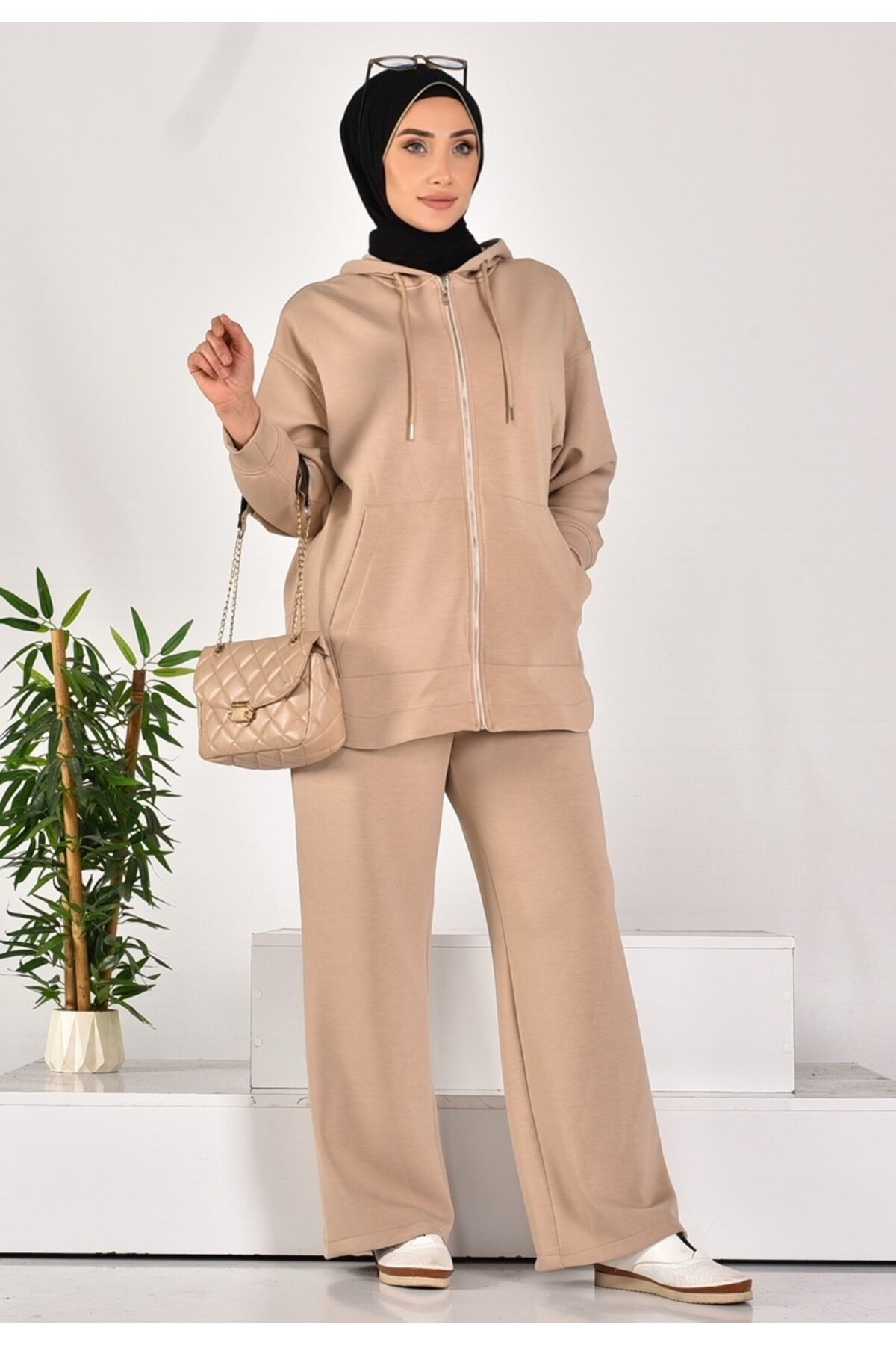 Scuba Zippered Pocketed Modest Two-Piece Set - Stone - Puane