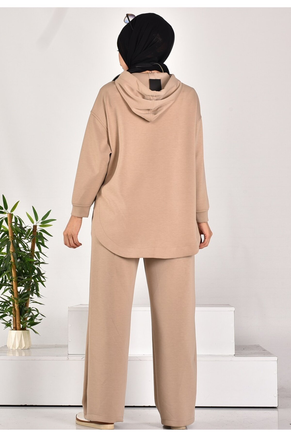 Scuba Zippered Pocketed Modest Two-Piece Set - Stone - Puane