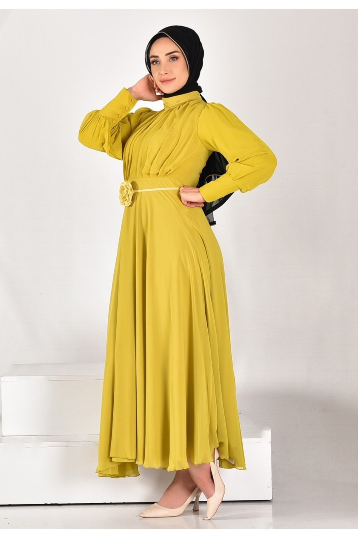 Pleated Chiffon Modest Dress - Olive Green - Puane