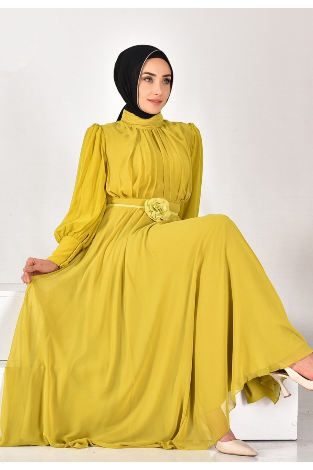 Pleated Chiffon Modest Dress - Olive Green - Puane