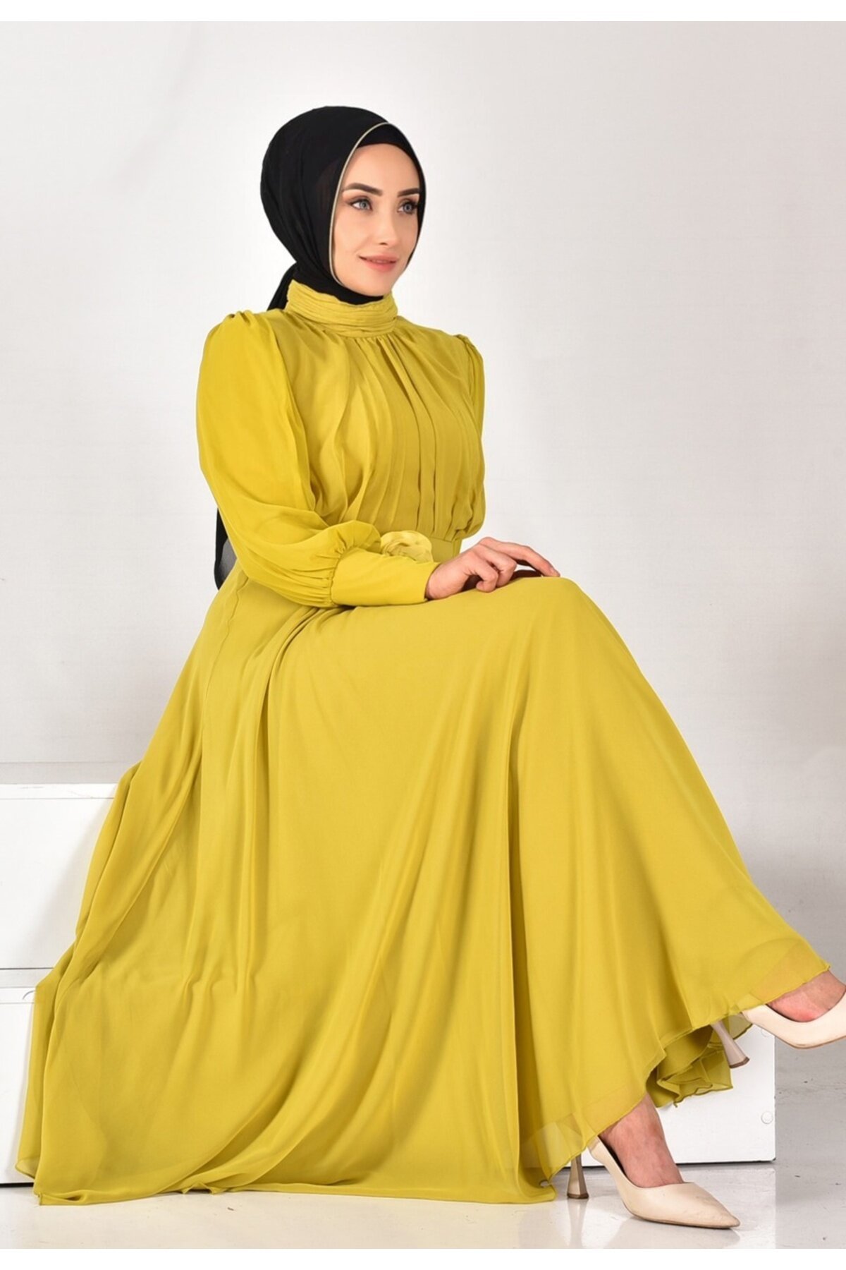 Pleated Chiffon Modest Dress - Olive Green - Puane
