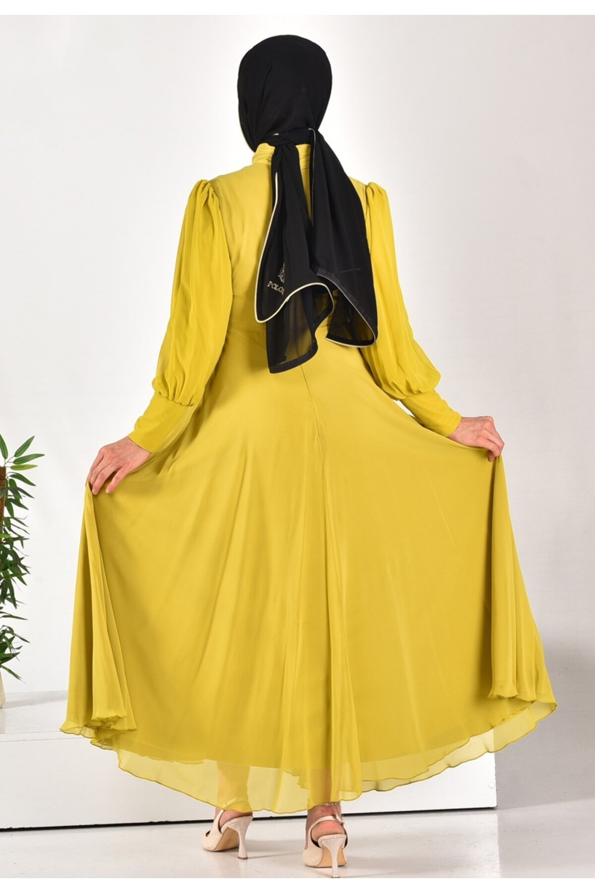 Pleated Chiffon Modest Dress - Olive Green - Puane