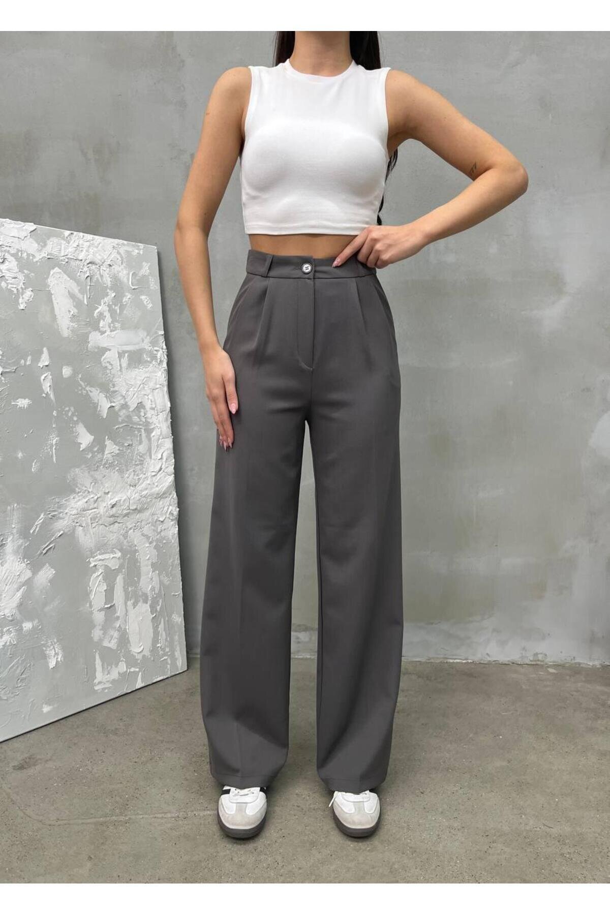 Palazzo Double Cloth Modest Trousers - Anthracite - RAWEA FASHİON