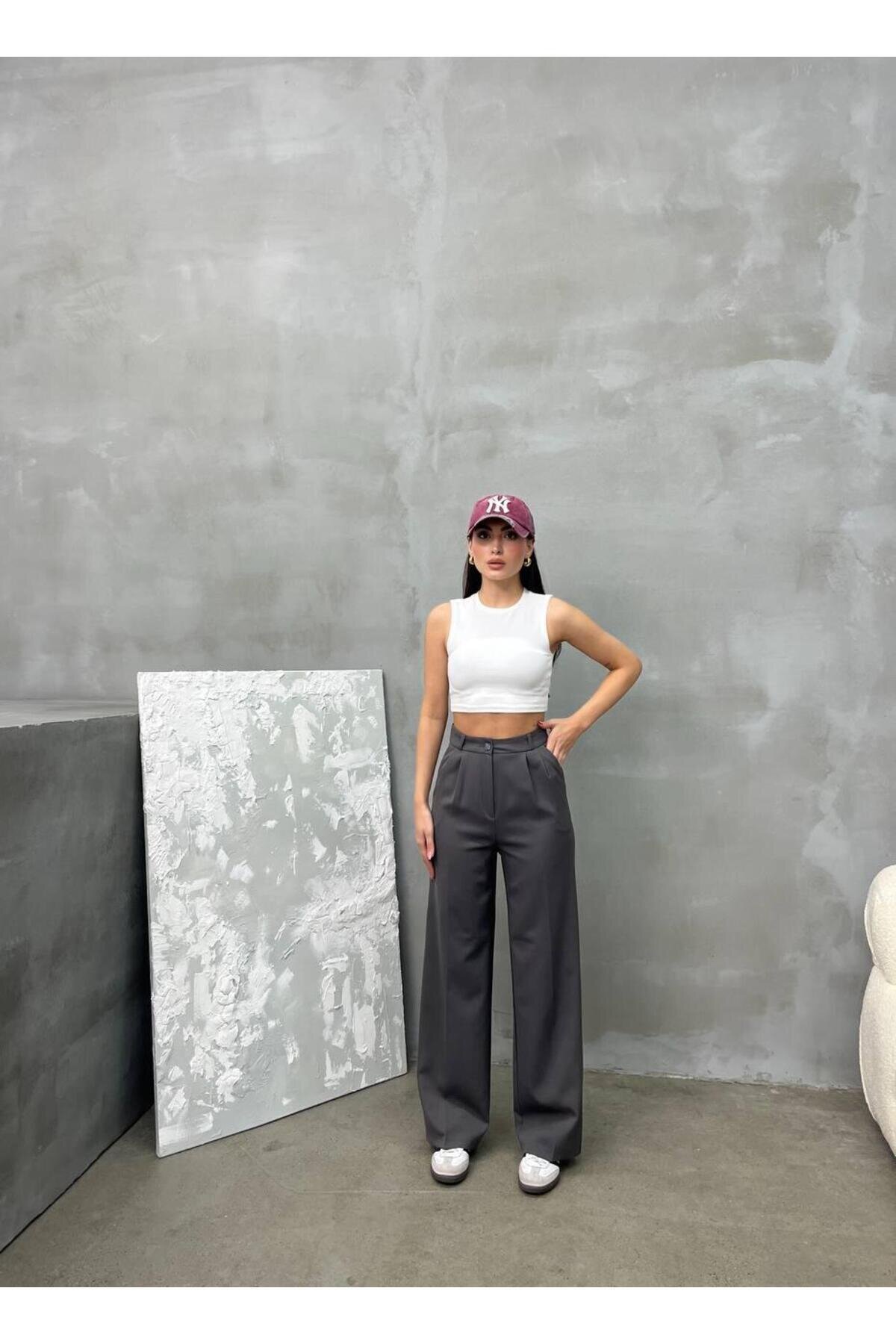 Palazzo Double Cloth Modest Trousers - Anthracite - RAWEA FASHİON