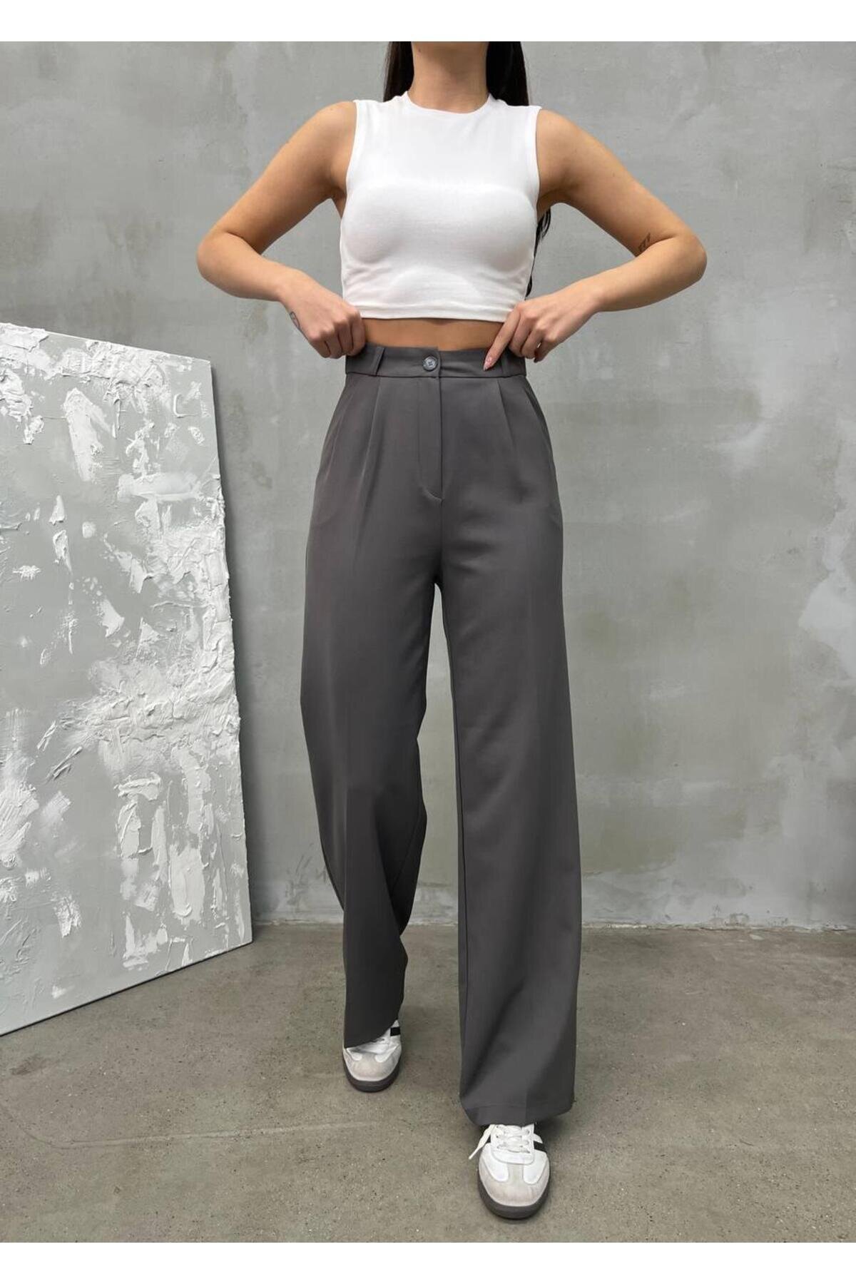 Palazzo Double Cloth Modest Trousers - Anthracite - RAWEA FASHİON