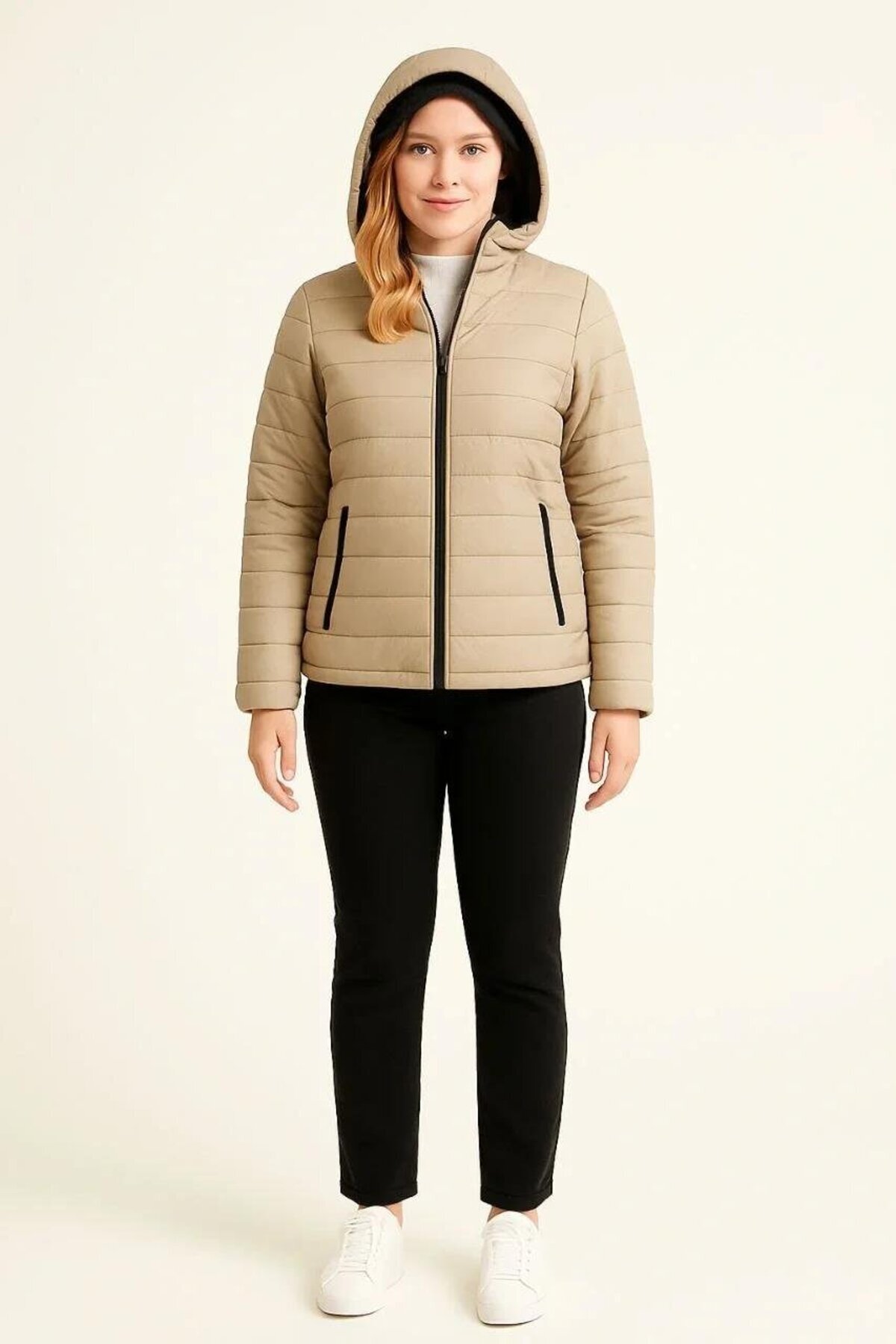 Modest Lined Hooded Coat - Beige - RAWEA FASHİON
