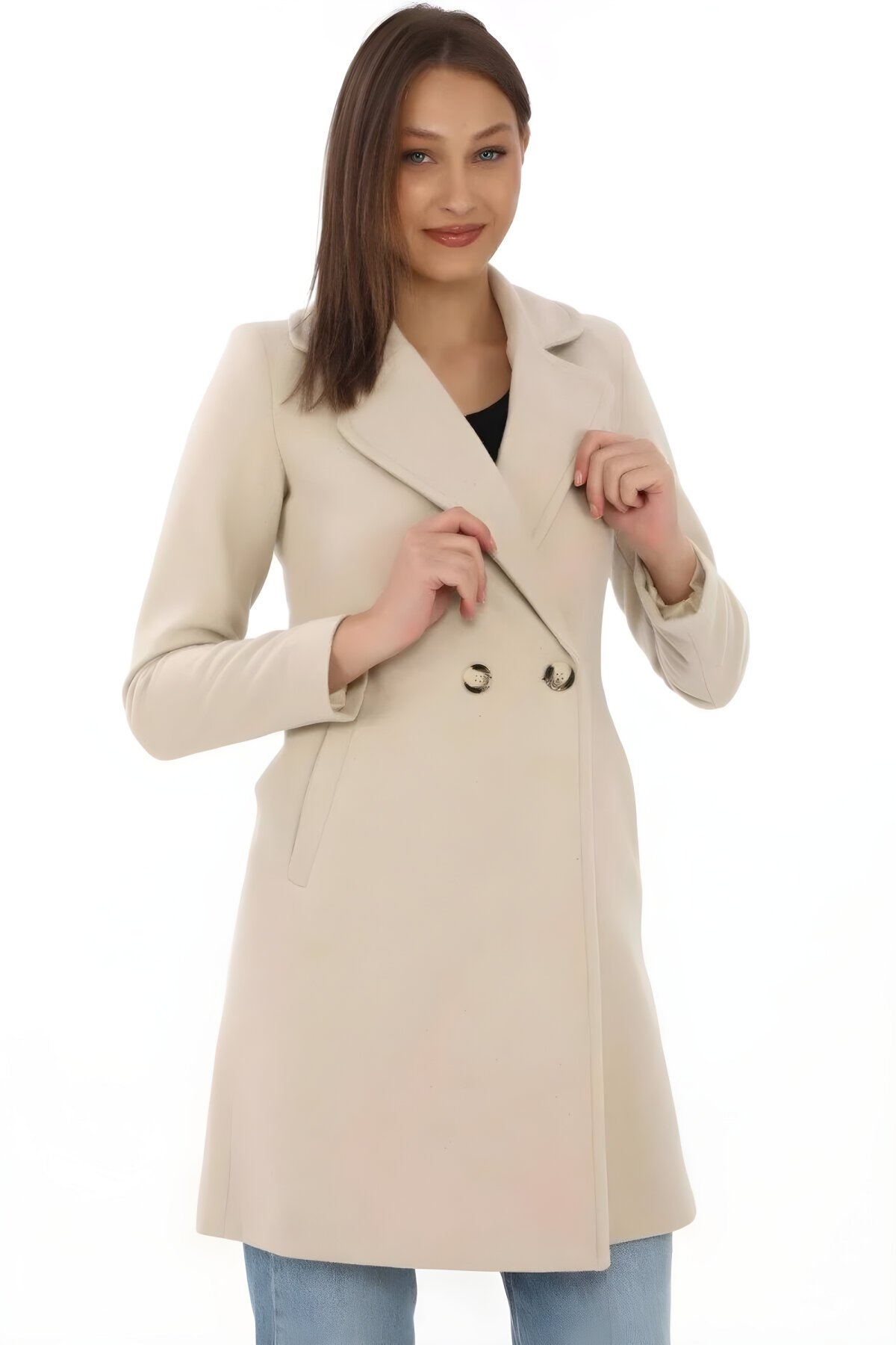 Bej Kaşe Kruvaze Yaka Astarlı Tesettür Kaban - RAWEA FASHİON