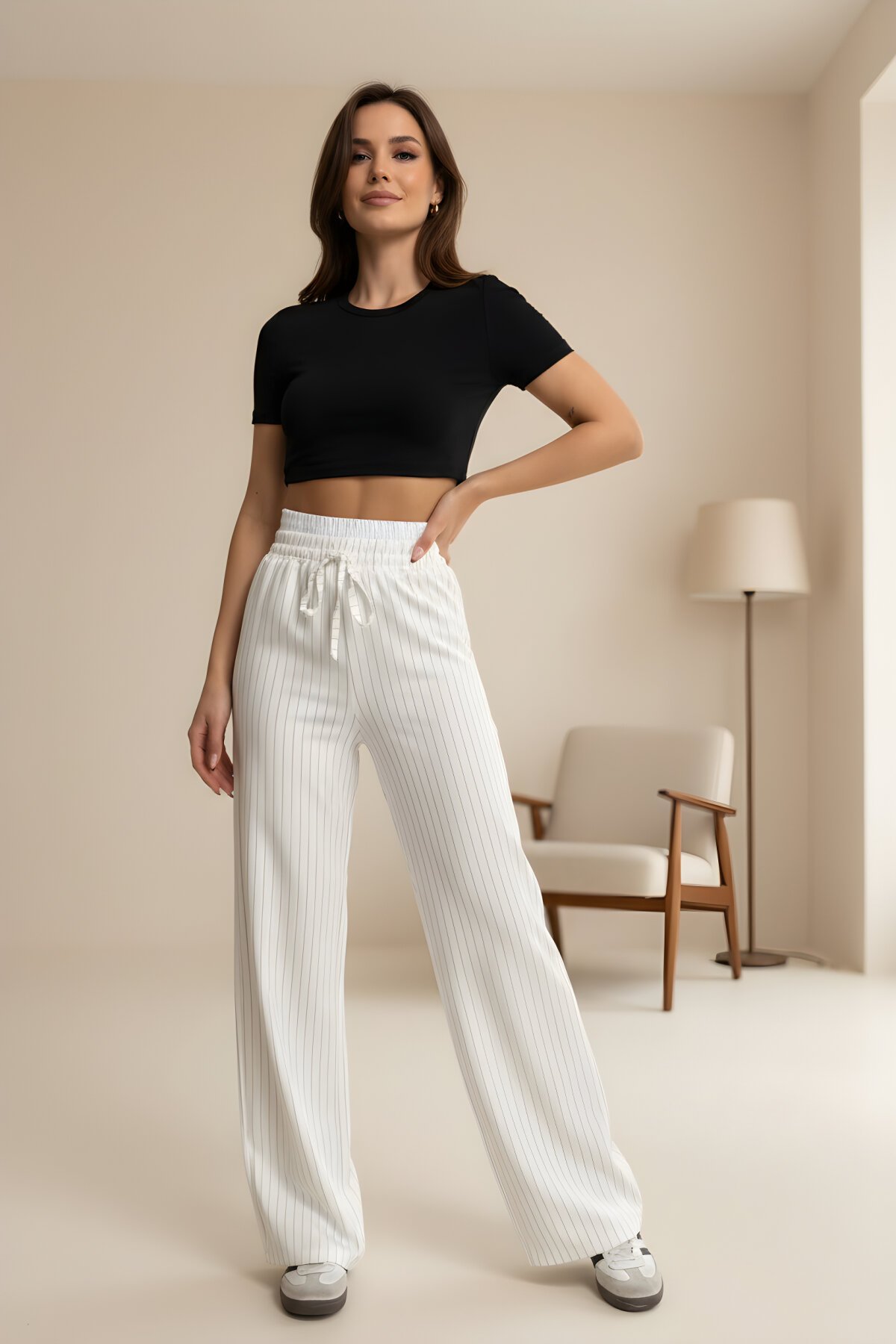 Beyaz Bağcıklı Garnili Palazzo Tesettür Pantolon - RAWEA FASHİON