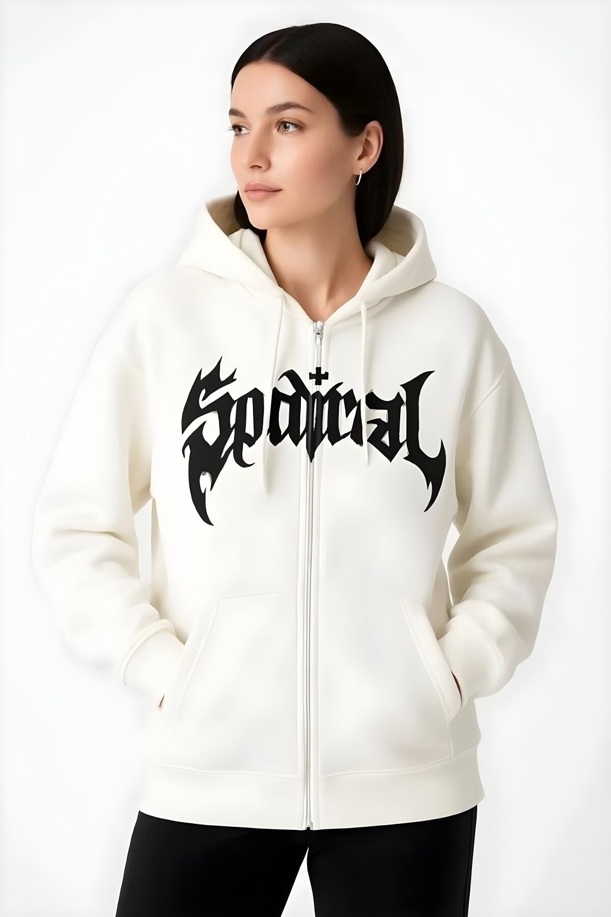 Beyaz Oversize Pamuklu Şardonlu Hoodie Hırka - RAWEA FASHİON