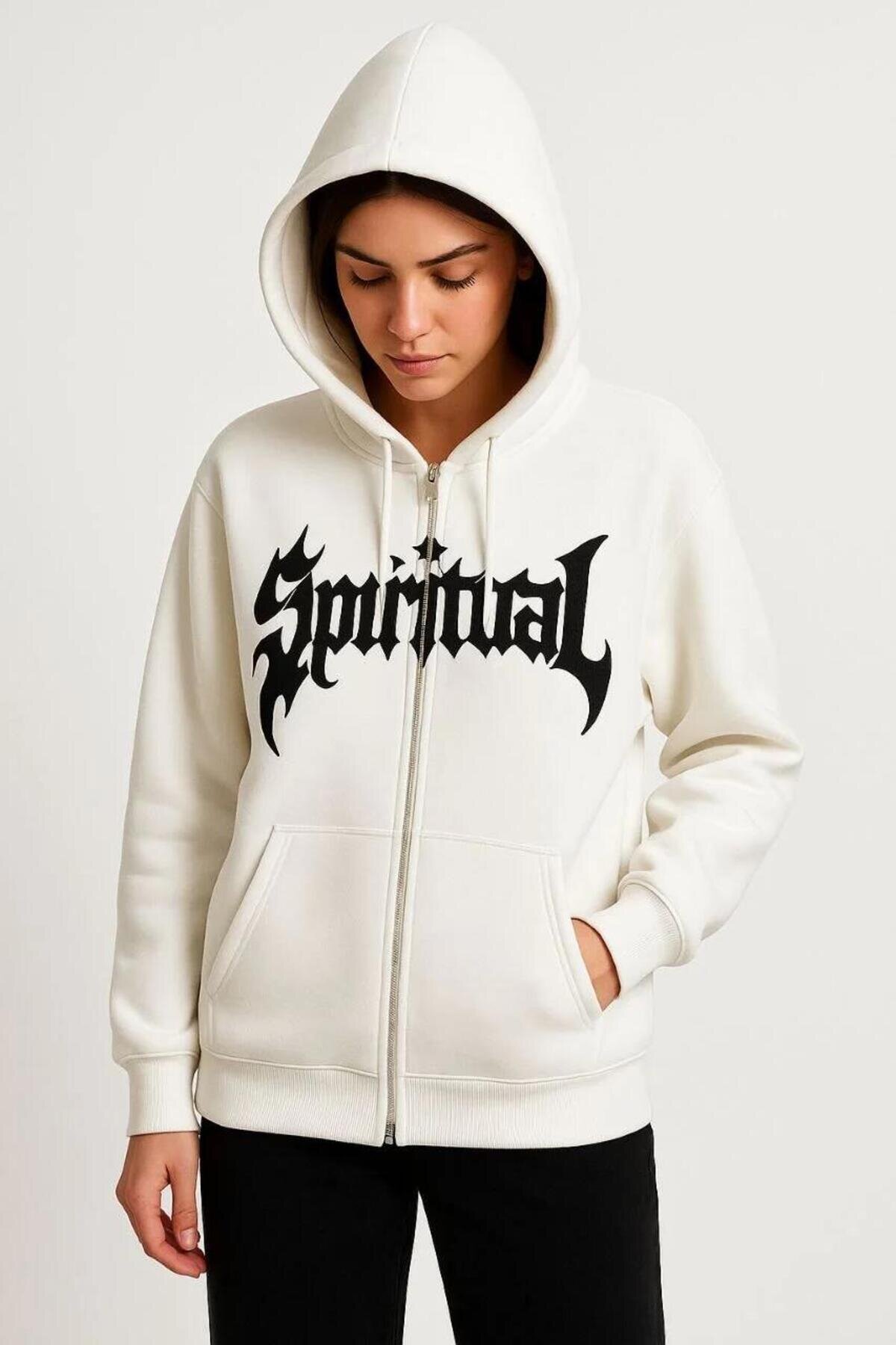Beyaz Oversize Pamuklu Şardonlu Hoodie Hırka - RAWEA FASHİON