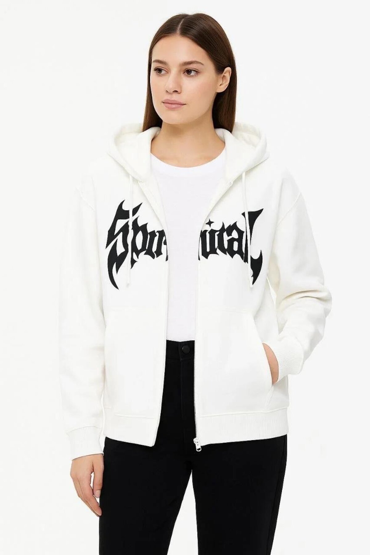 Beyaz Oversize Pamuklu Şardonlu Hoodie Hırka - RAWEA FASHİON