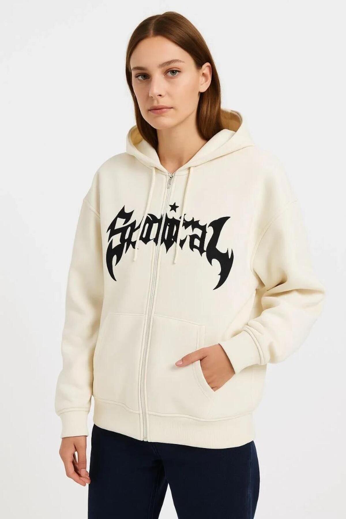 Beyaz Oversize Pamuklu Şardonlu Hoodie Hırka - RAWEA FASHİON