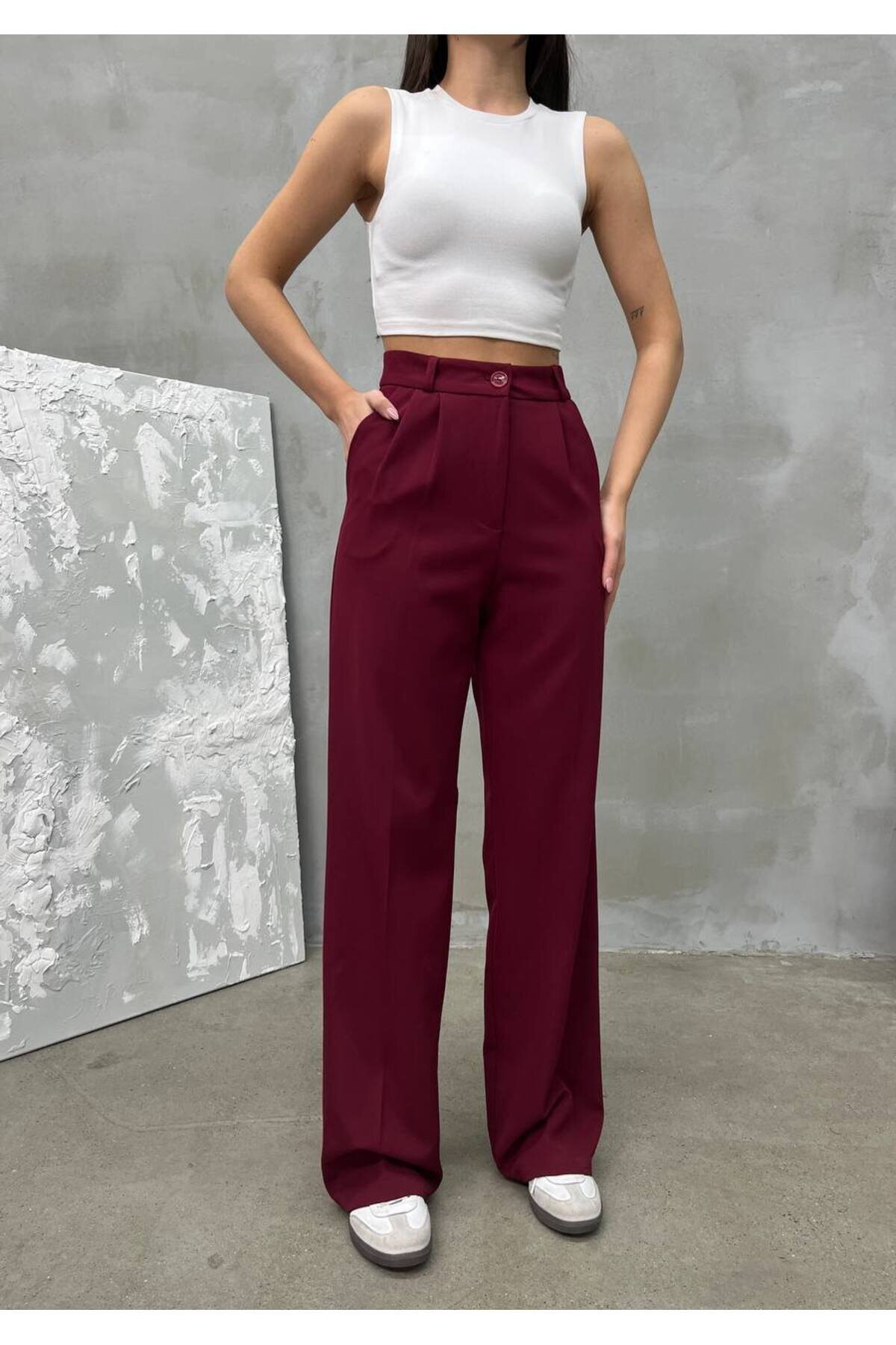Bordo Palazzo Dabıl Kumaş Tesettür Pantolon - RAWEA FASHİON