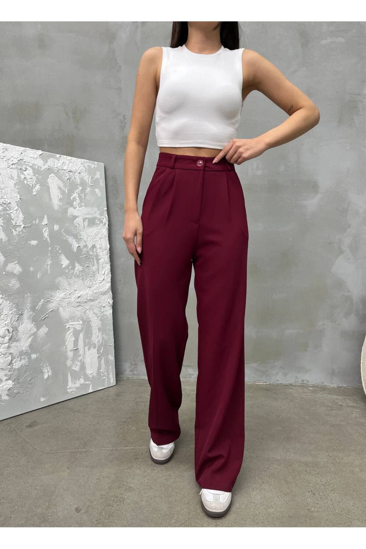 Bordo Palazzo Dabıl Kumaş Tesettür Pantolon - RAWEA FASHİON