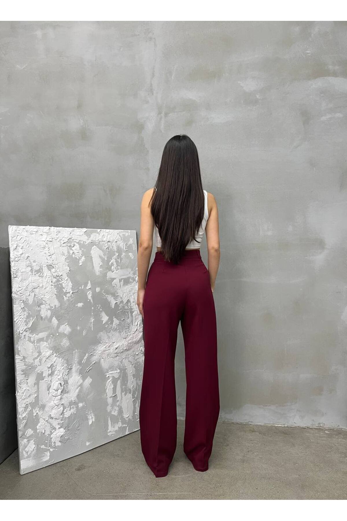 Bordo Palazzo Dabıl Kumaş Tesettür Pantolon - RAWEA FASHİON