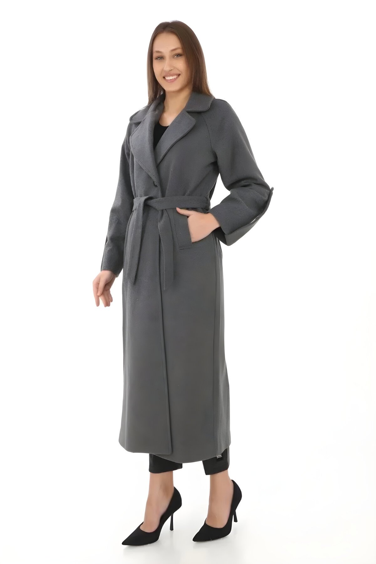 Füme Uzun Kaşe Astarlı Kruvaze Yaka Tesettür Kaban - RAWEA FASHİON