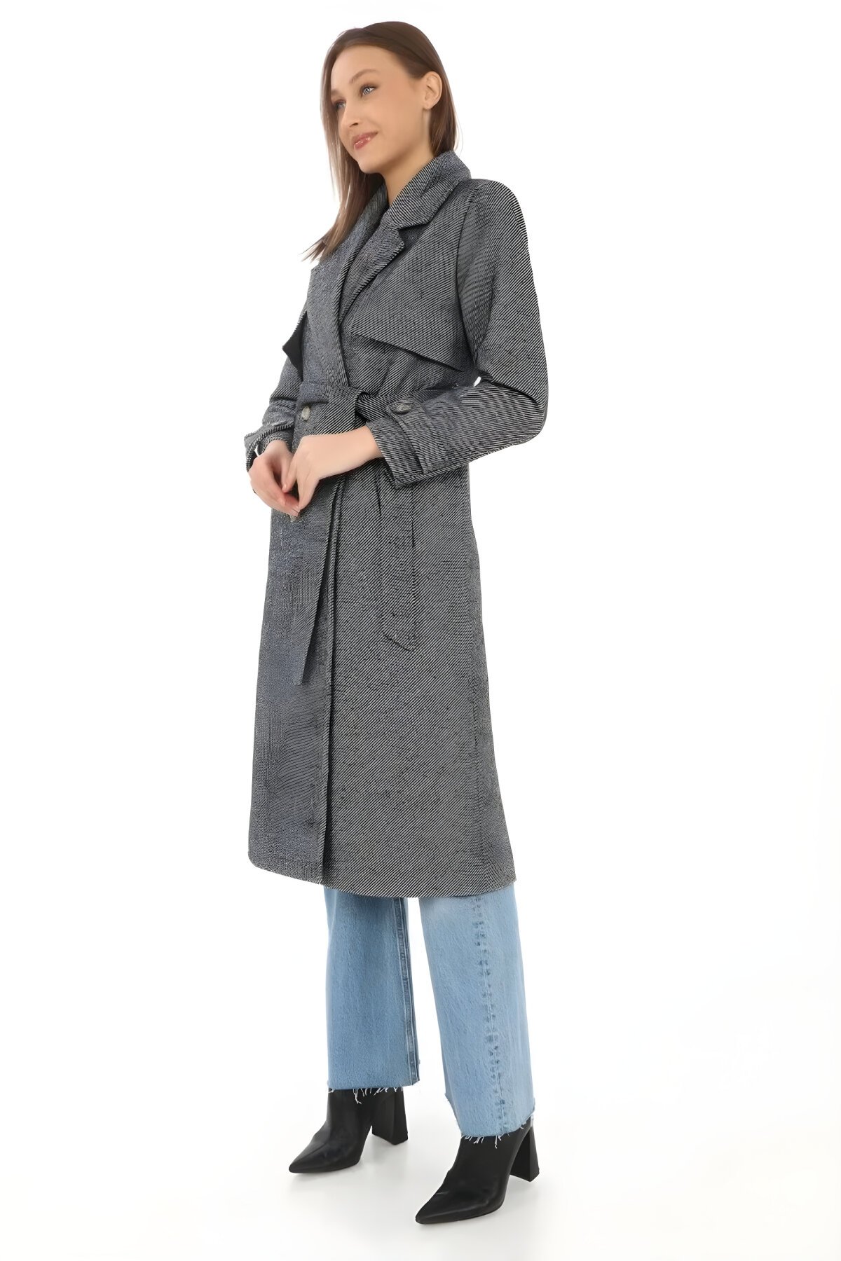 Gri Boyalı Uzun Kaşe Tesettür Kaban - RAWEA FASHİON