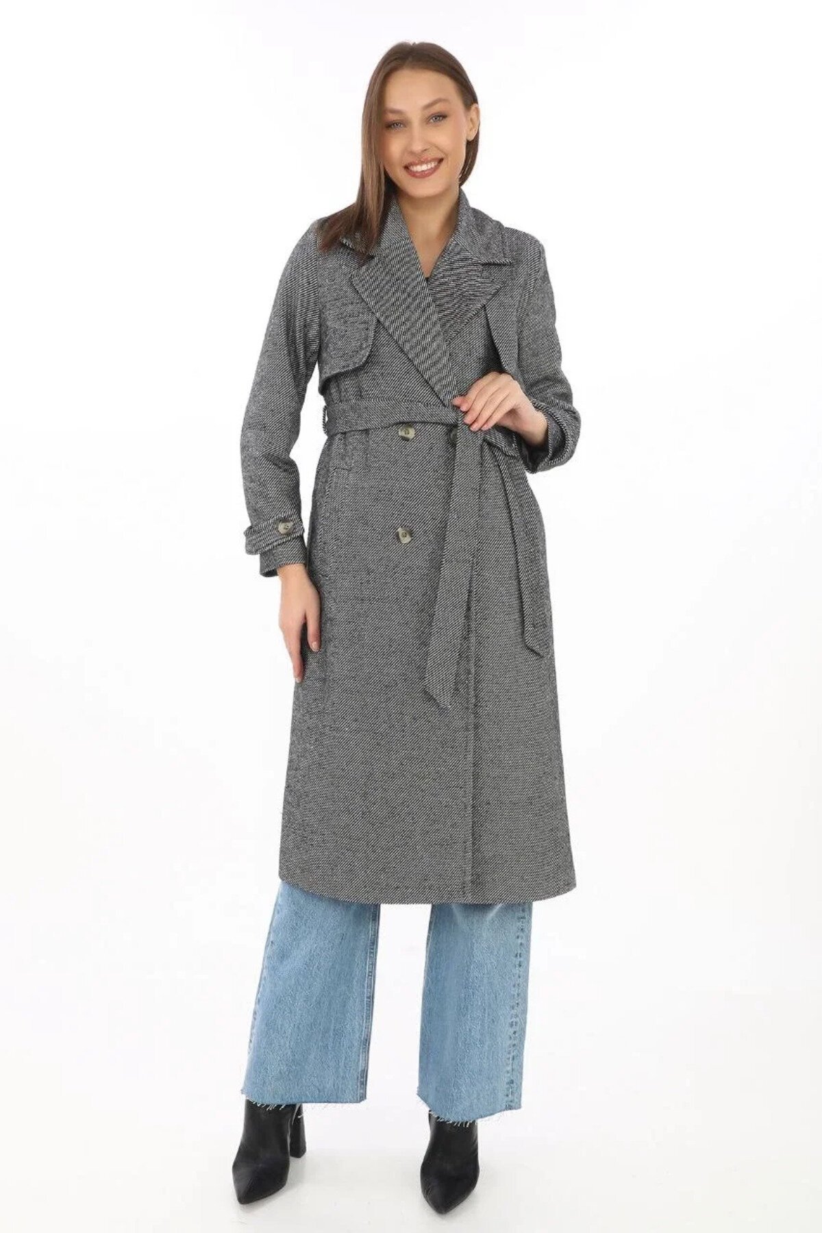 Long Melton Dyed Modest Coat - Gray - RAWEA FASHİON