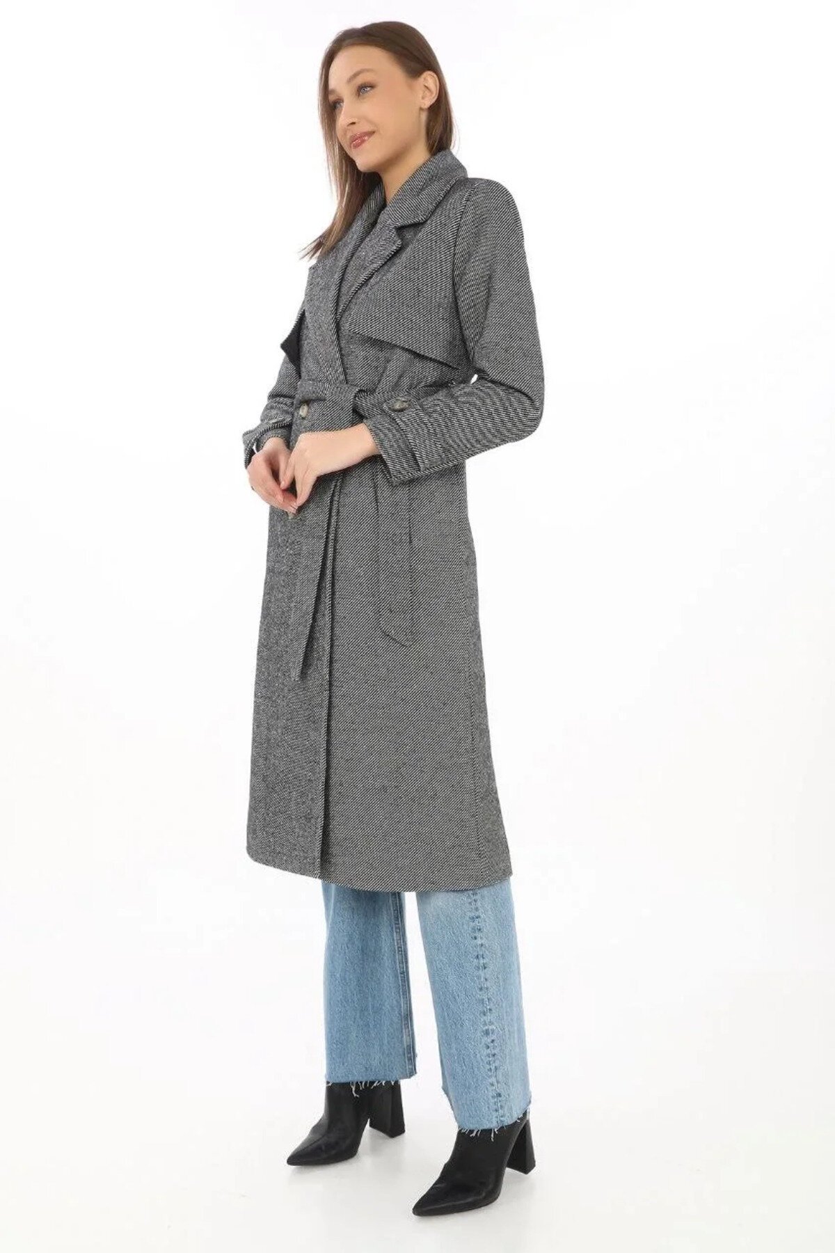 Long Melton Dyed Modest Coat - Gray - RAWEA FASHİON