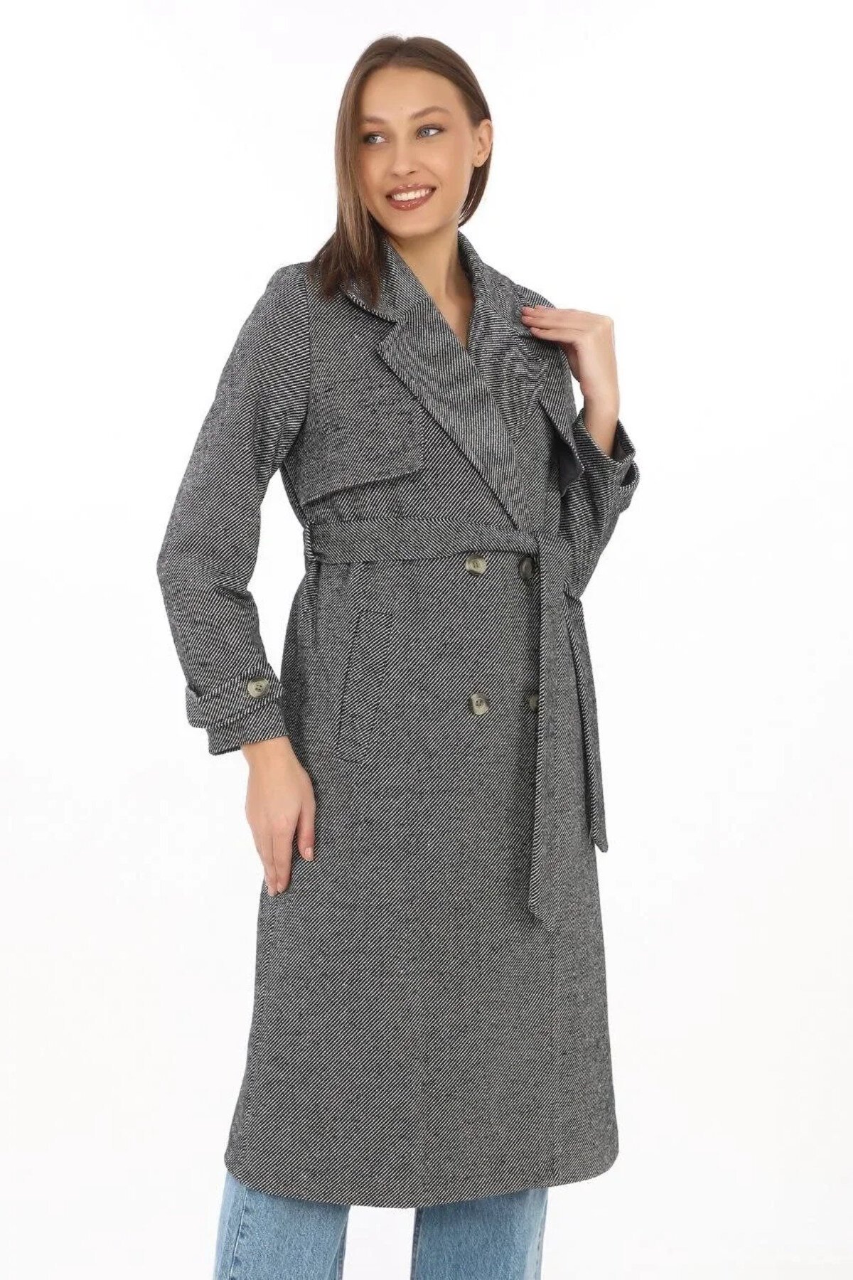 Long Melton Dyed Modest Coat - Gray - RAWEA FASHİON