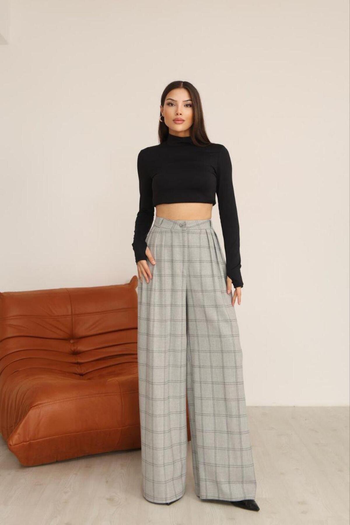 High-Waist Palazzo Plaid Modest Pants - Grey - RAWEA FASHİON