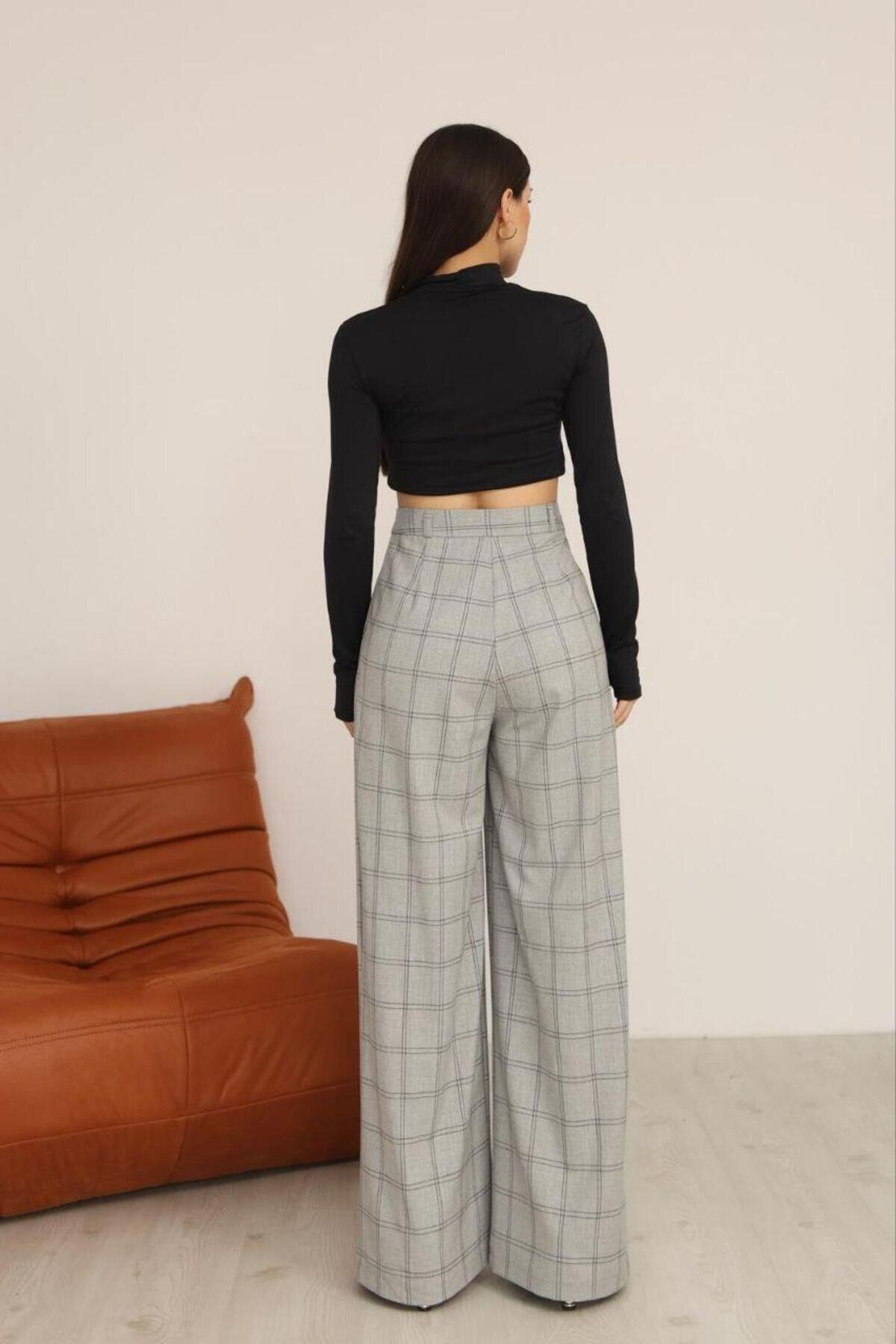 High-Waist Palazzo Plaid Modest Pants - Grey - RAWEA FASHİON