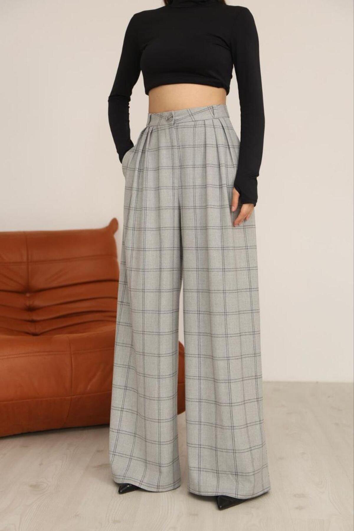 High-Waist Palazzo Plaid Modest Pants - Grey - RAWEA FASHİON