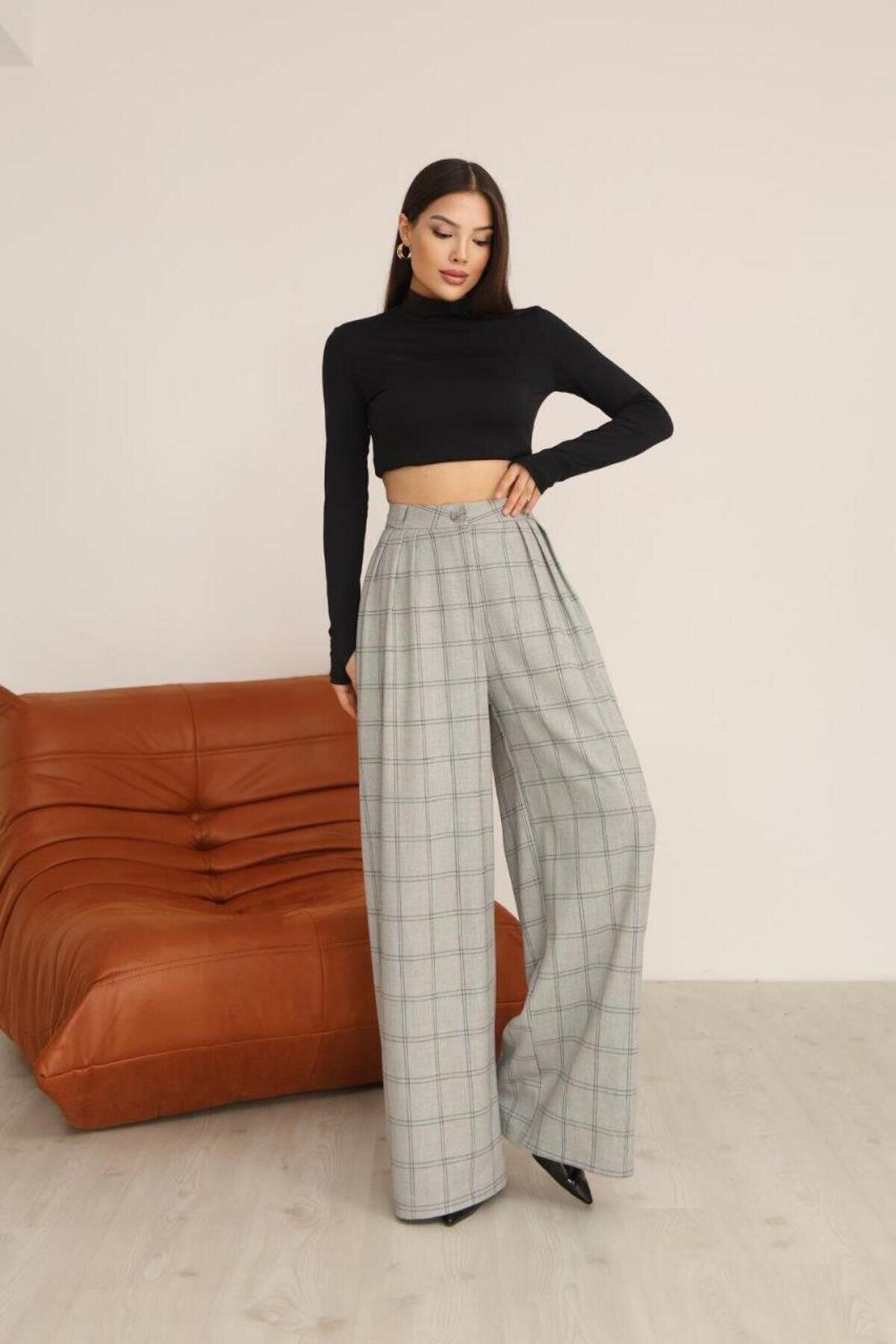 High-Waist Palazzo Plaid Modest Pants - Grey - RAWEA FASHİON