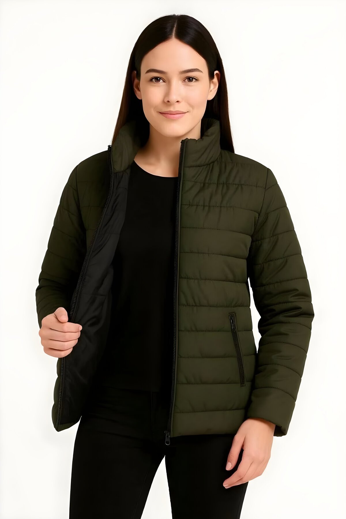 Haki Kapitone Astarlı Tesettür Mont - RAWEA FASHİON