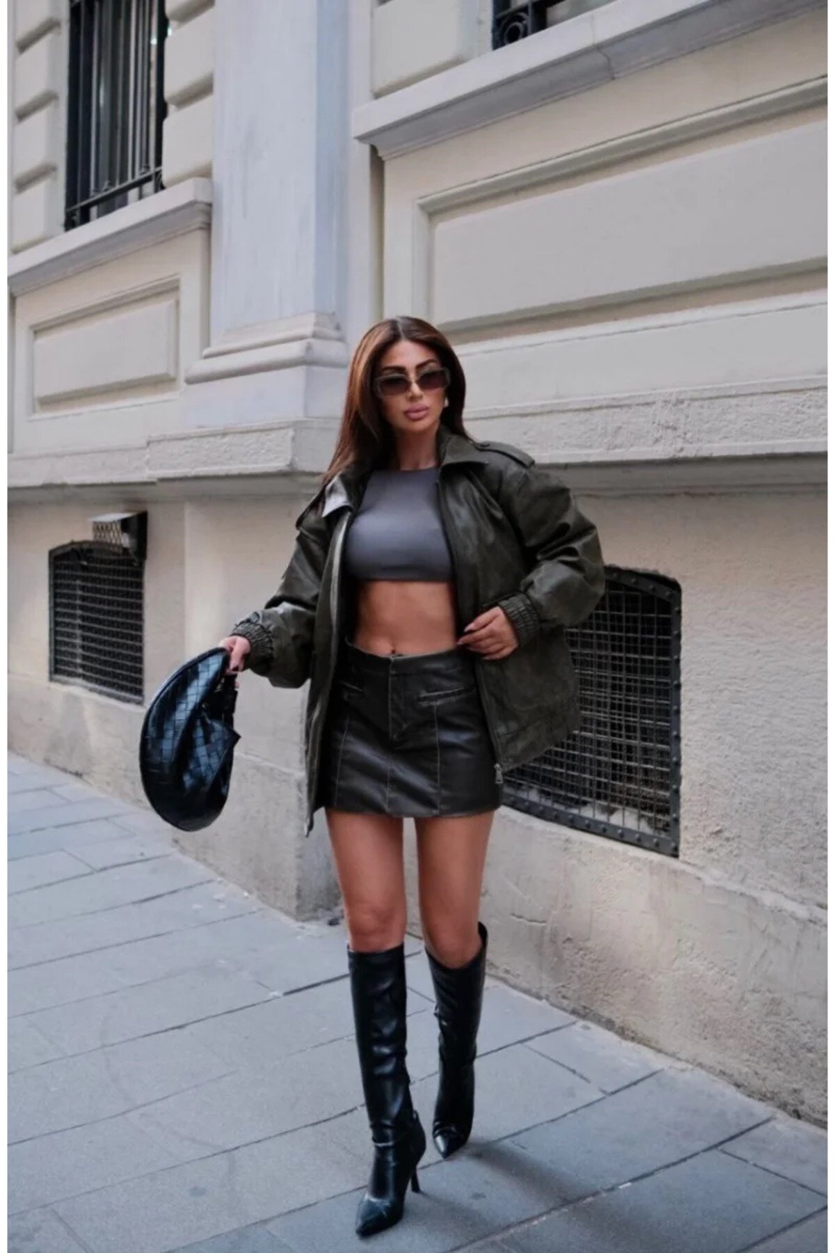 Pilot Faux Leather Jacket - Khaki - RAWEA FASHİON