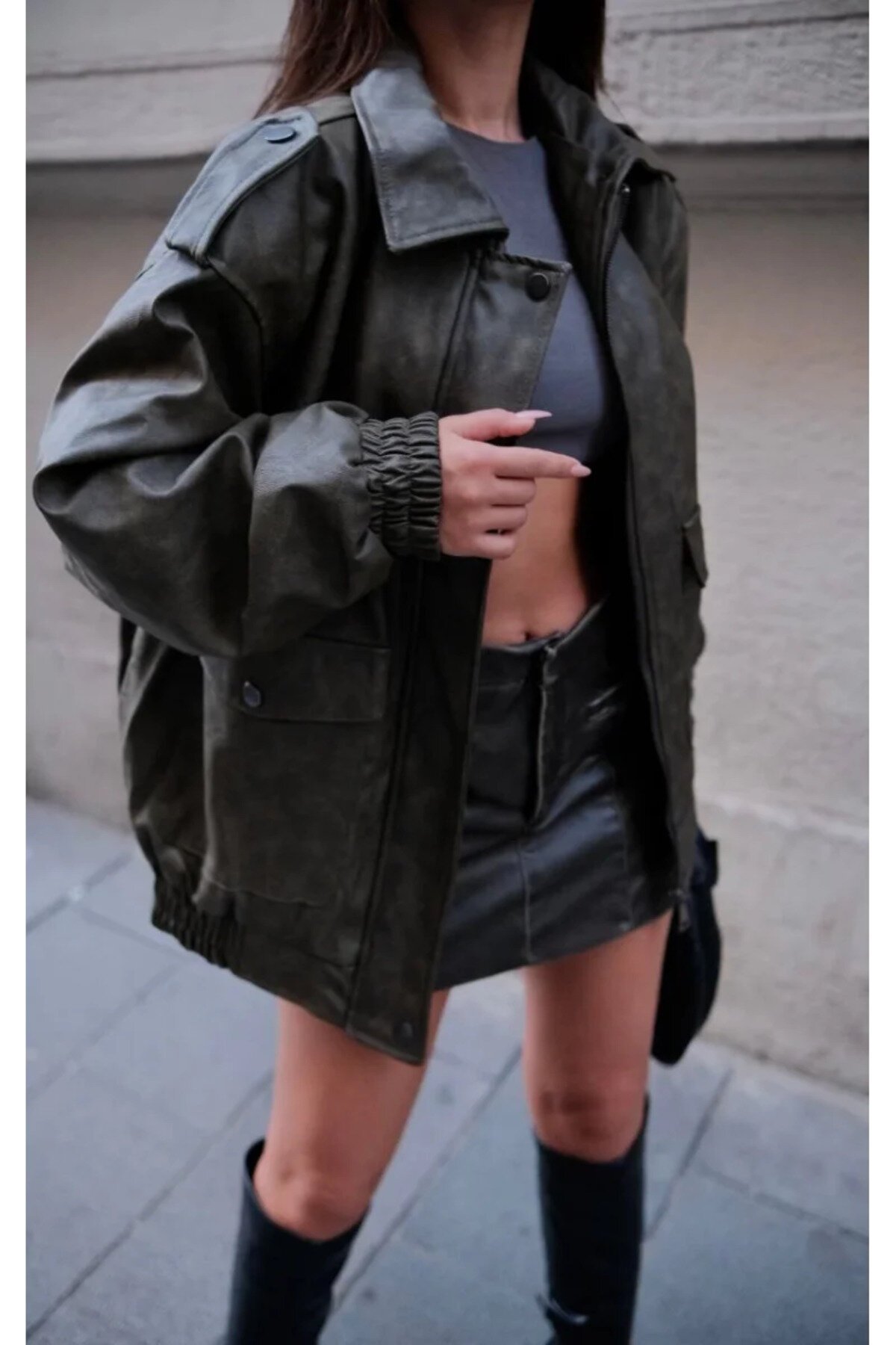 Pilot Faux Leather Jacket - Khaki - RAWEA FASHİON