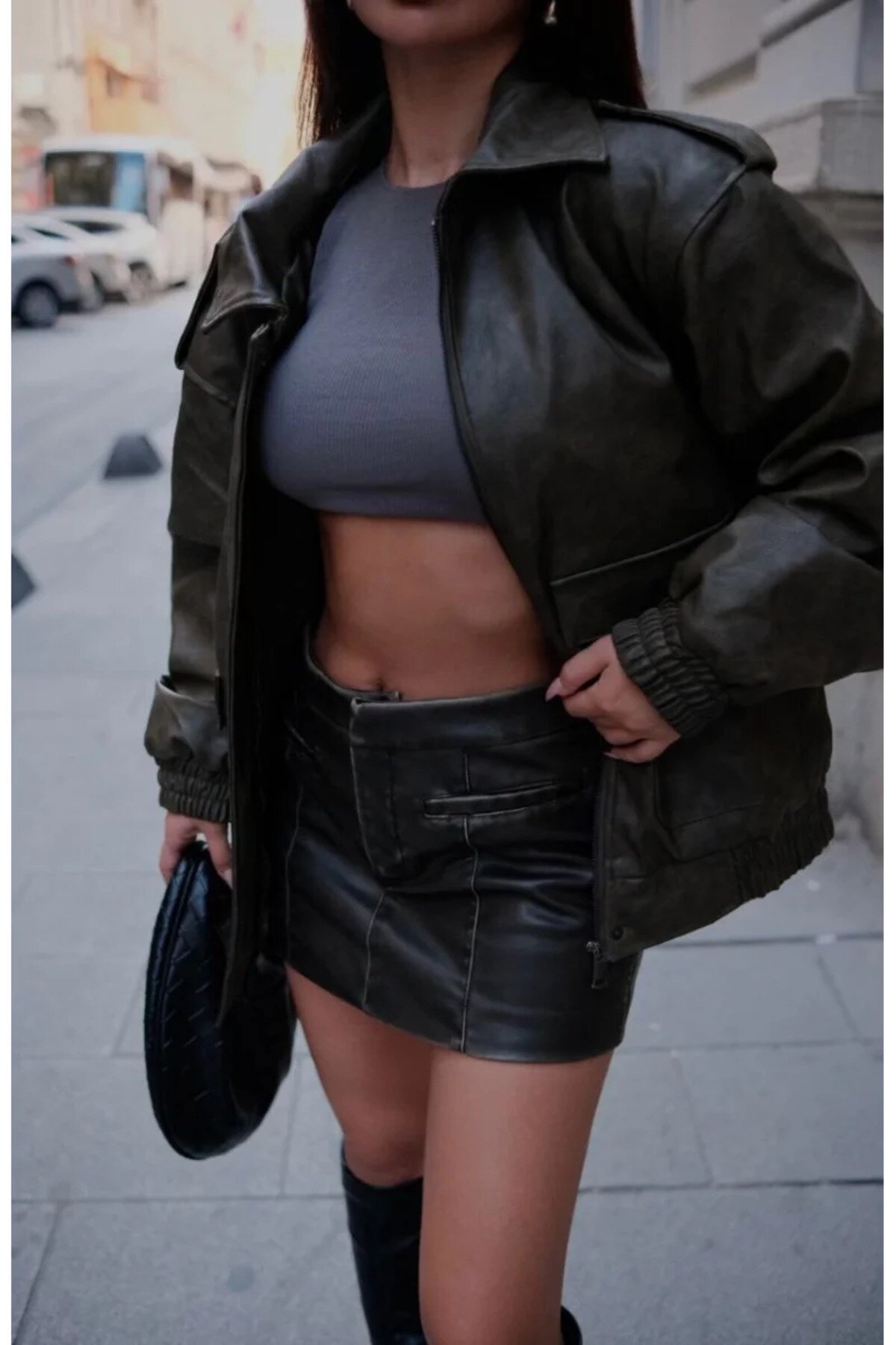 Pilot Faux Leather Jacket - Khaki - RAWEA FASHİON