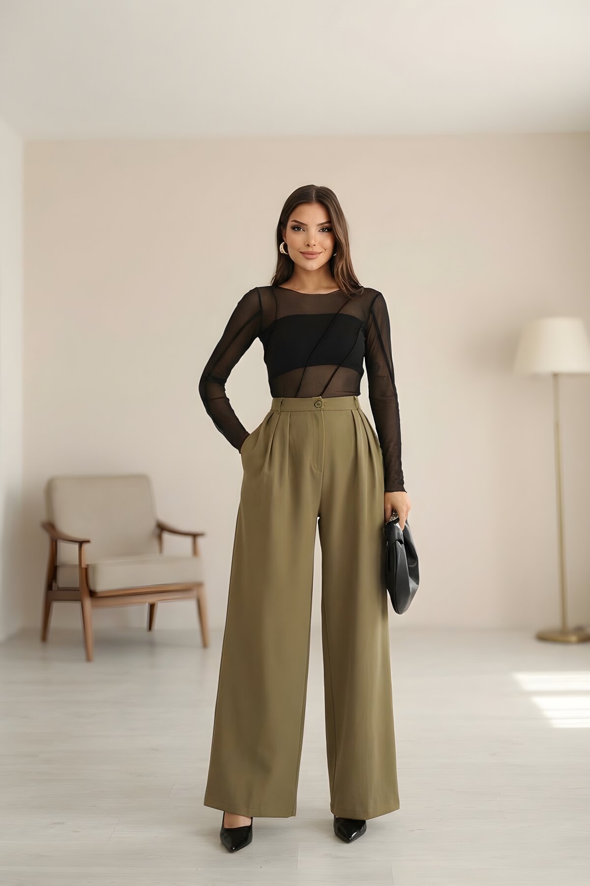 Haki Yüksek Bel Palazzo Pilili Tesettür Pantolon - RAWEA FASHİON