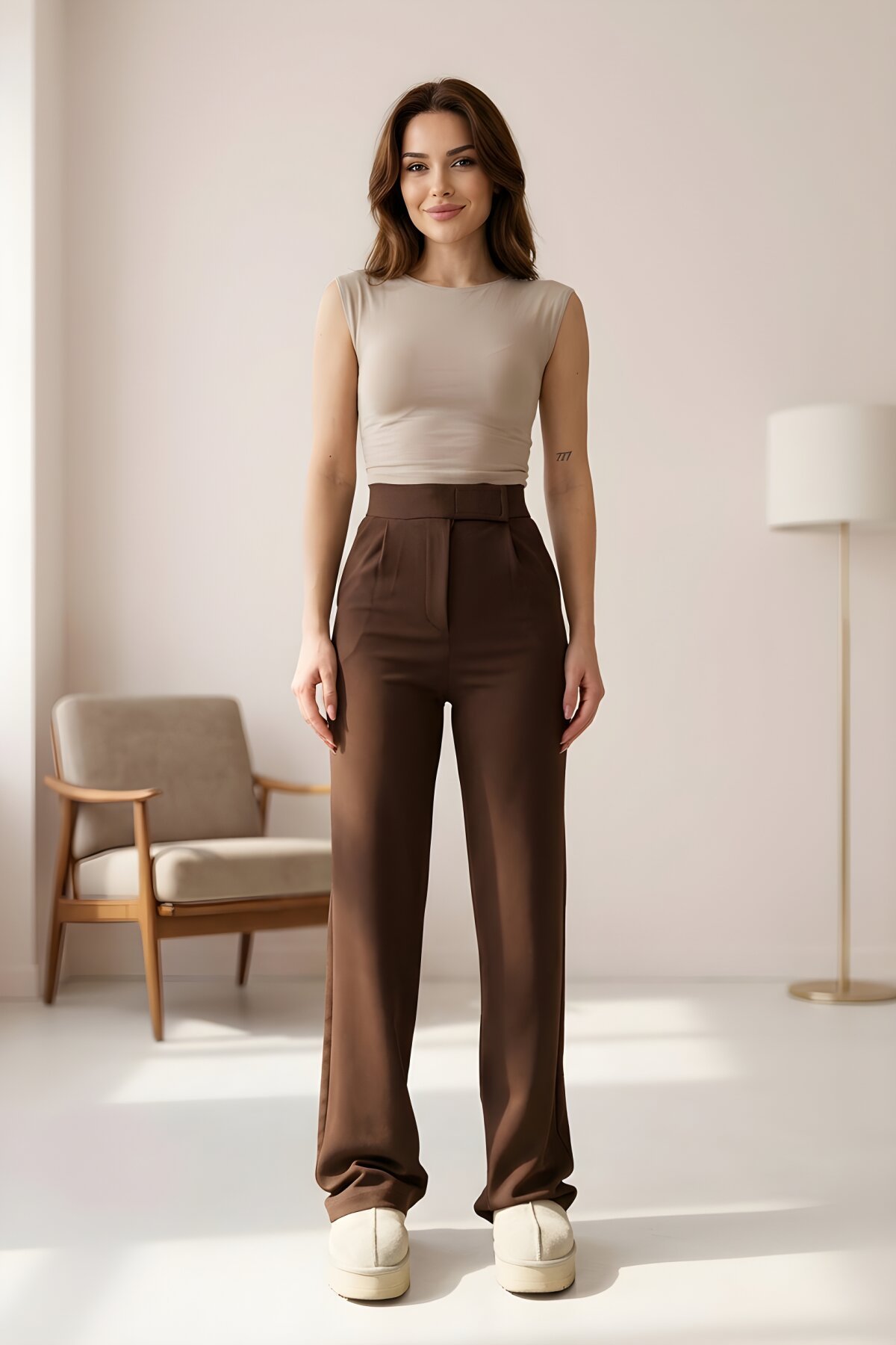 Kahverengi Jakar Palazzo Cırtlı Tesettür Pantolon - RAWEA FASHİON