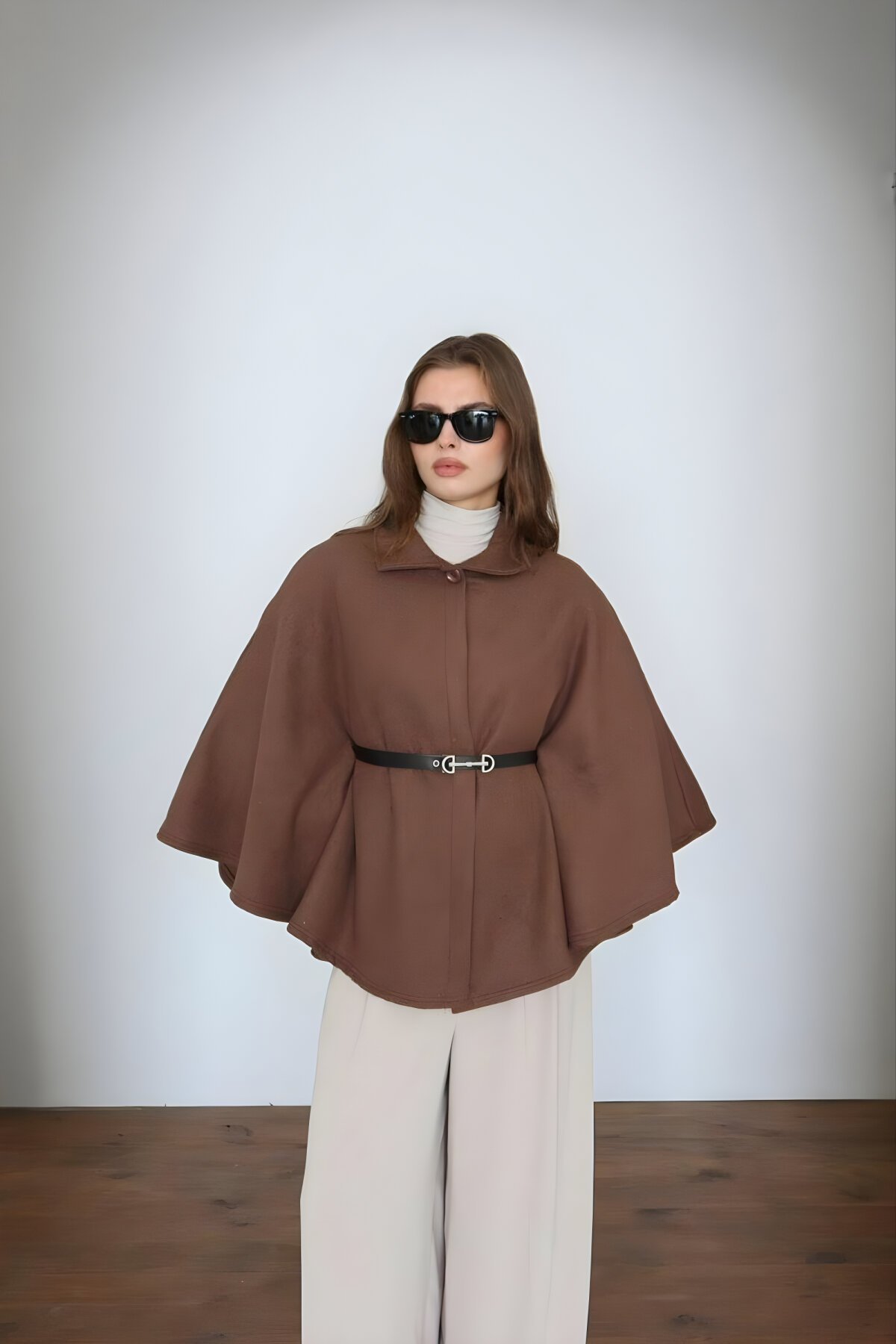 بونشو كاب جوخ بني مزود بحزام - RAWEA FASHİON